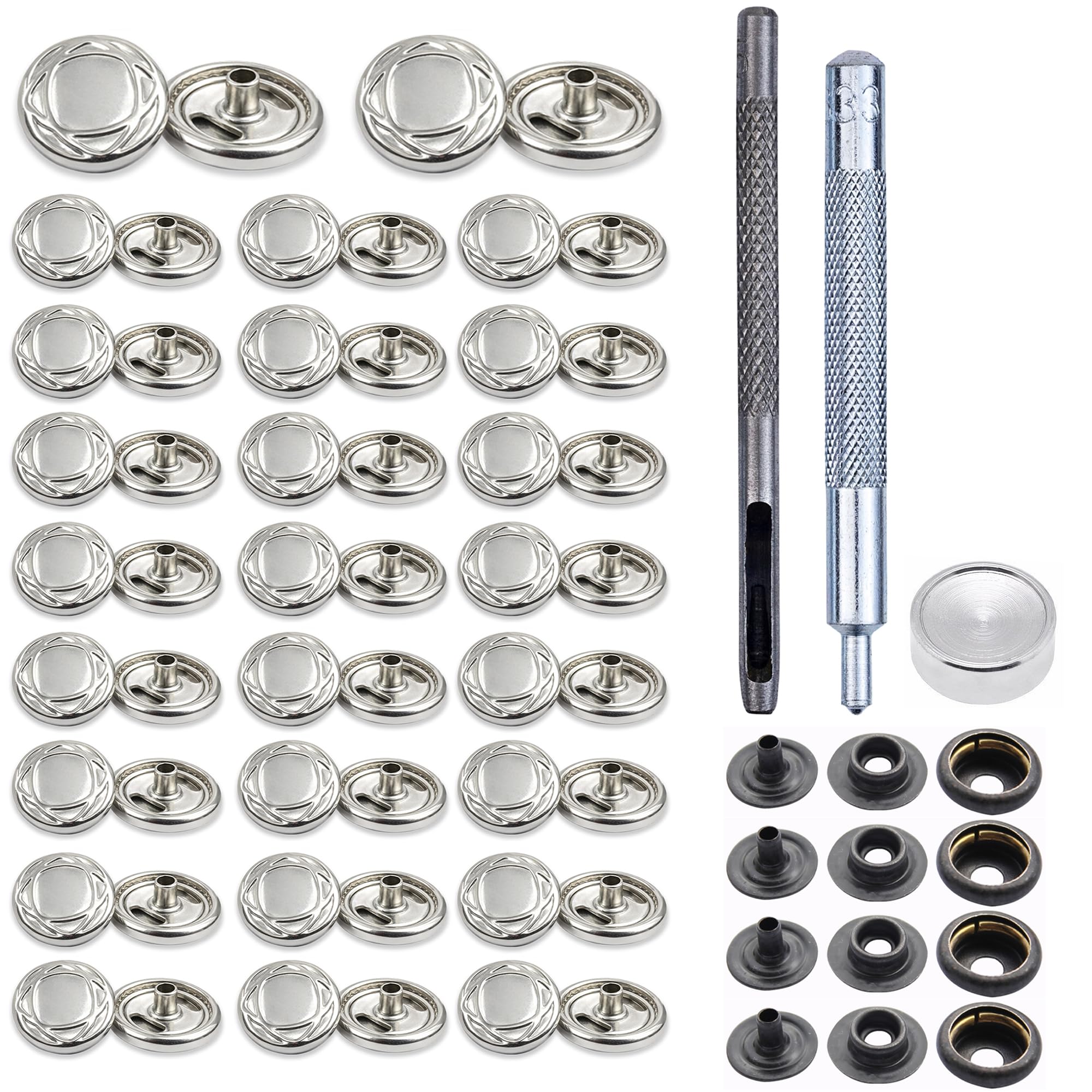 Trimming Shop 15mm Botones a Presión 4 Parte, Durable y Ligero Metal Cierres con Mano Fijación Herramienta para Jeans, Cuero, Tiras Costura Proyectos, Ropa Reparación - Plateado con Diseño, 1000pcs