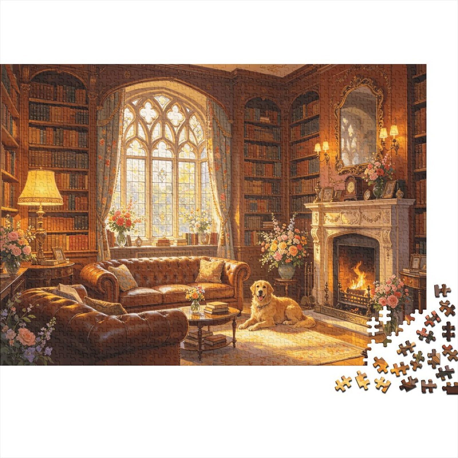 Cozy Library Adult Jigsaws 1000 Piece Recycled Material Vintage Living Room Jigsaw Puzzles Puzzle Game Props Party Game Props Great Gift Idea for Women 38x26cm/1000pcs