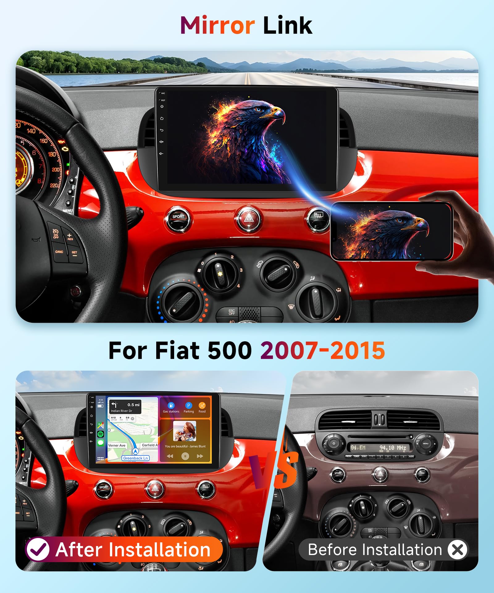 Autoradio Android Per Fiat 500 2007-2015 - 9 Pollici Touchscreen, CarPlay, DAB+, GPS E Telecamera Retro