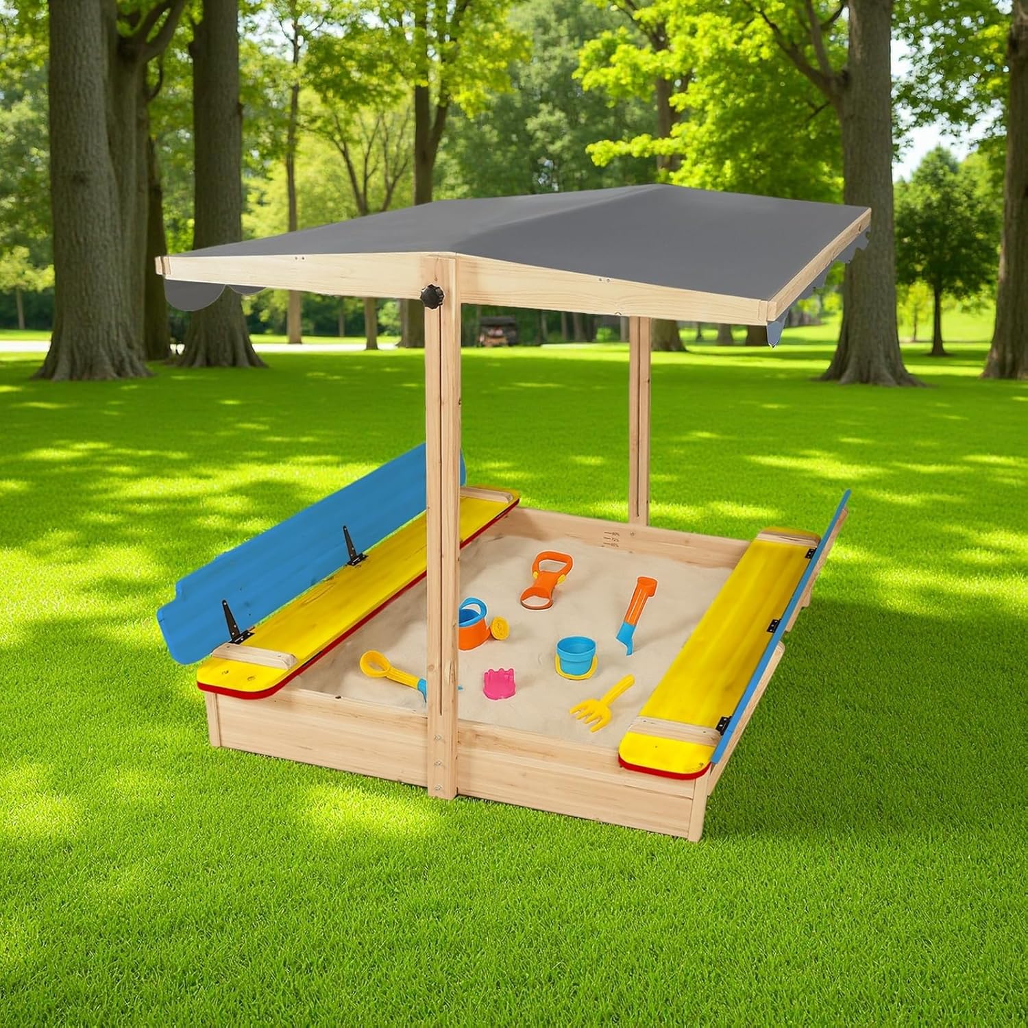 Large Wooden Outdoor Sandbox with Lid Cover Adjustable Canopy Foldable Bench Seat Bottom Liner Sand Box for Garden Patio Beach Backyard Play Sand Pit Aged 3-12 Years Old 48x48in (Multicolored)
