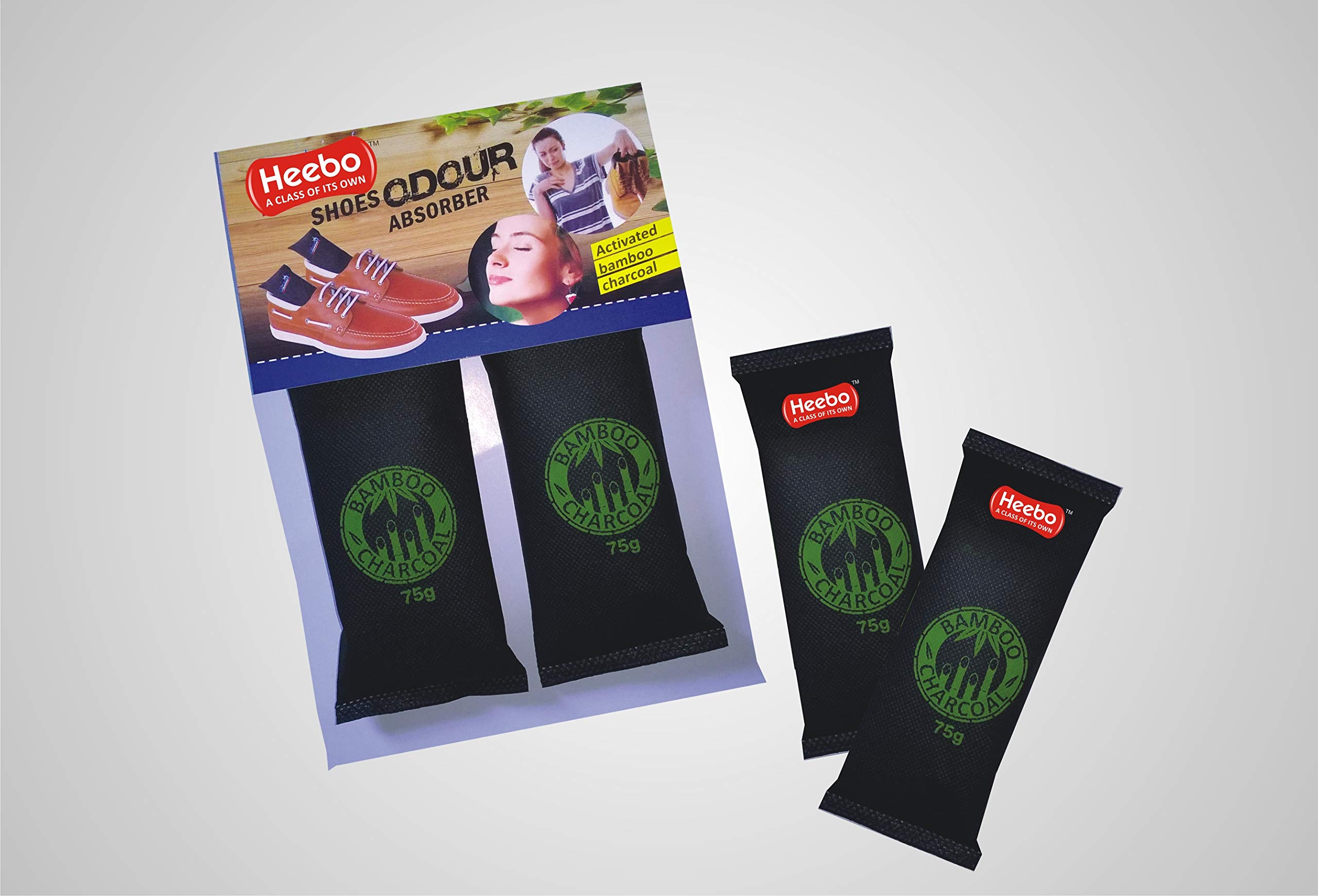 Heebo Natural Activated Bamboo Charcoal Shoe Odour Absorber & Moisture Remover | Odour Eliminator | Shoe Smell Remover | Shoe Moisture Remover | (75 g, Black) - Pack of 2