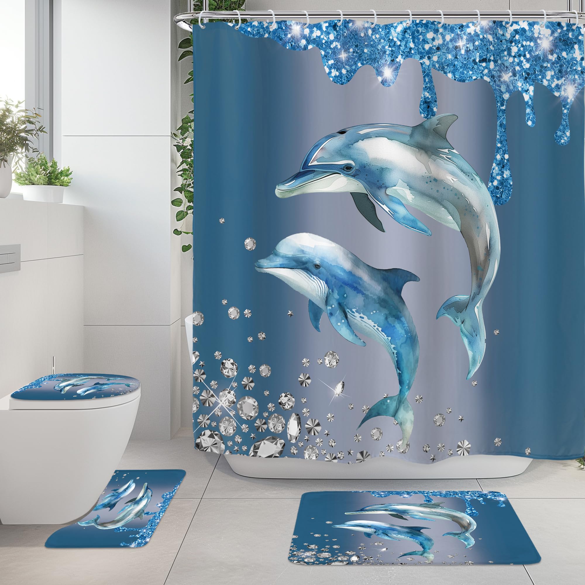 Riyidecor Juego de 4 cortinas de ducha para niños con diseño de delfín, diseño de océano brillante (sin purpurina), juego de decoración de baño con alfombras y accesorios, alfombra para tapa de