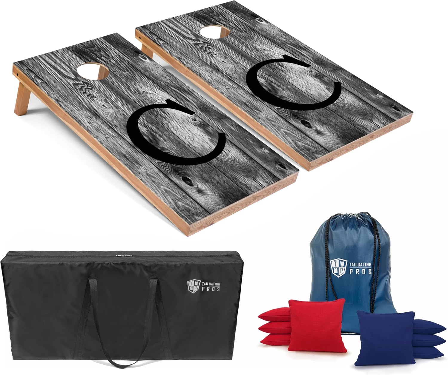 Tailgating Pros Monogrammed Grey Cornhole Boards - 4'x2' Lightweight Cornhole Game- Includes Carrying Case, Set of 8 Corn Hole Bags & Tote