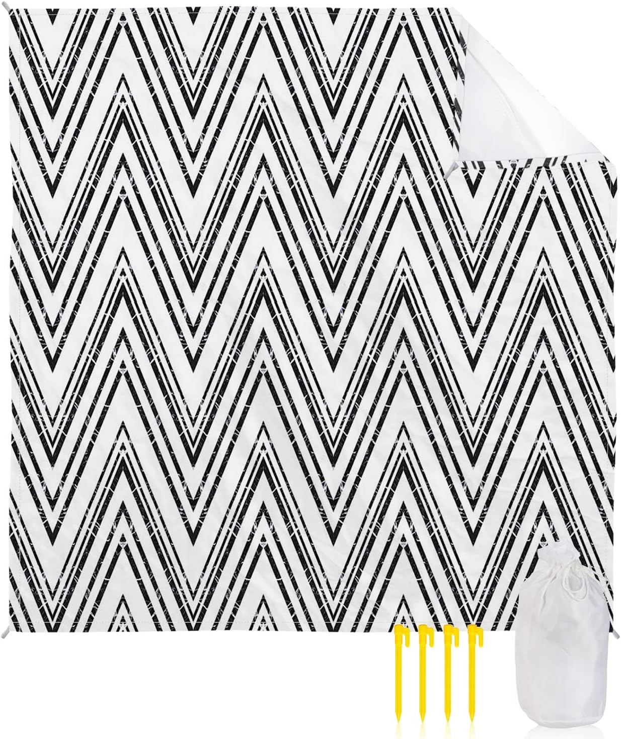 Abstract Geometric Ripple Beach Blanket Waterproof Sandproof Outdoor Picnic Mat 108"x84" Black and White Lightweight Large Beaach Blankets with 4 Stake & 4 Corner Pockets