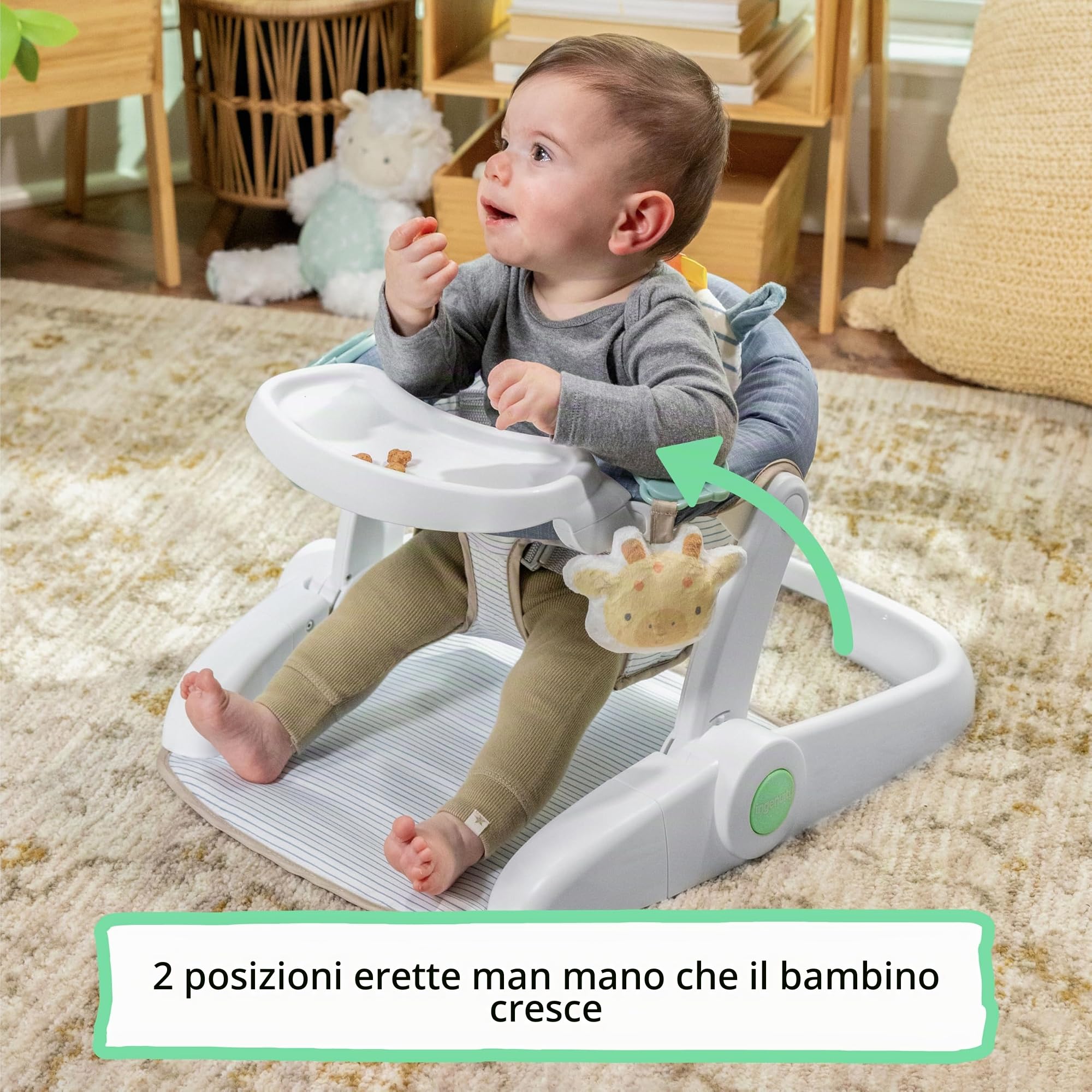 Ingenuity, Sedile da pavimento Prop Spot Learn-To-Sit, 2 giocattoli agganciabili, tappetino per gioco a pancia in giù, unisex, 4-12 mesi - Casi