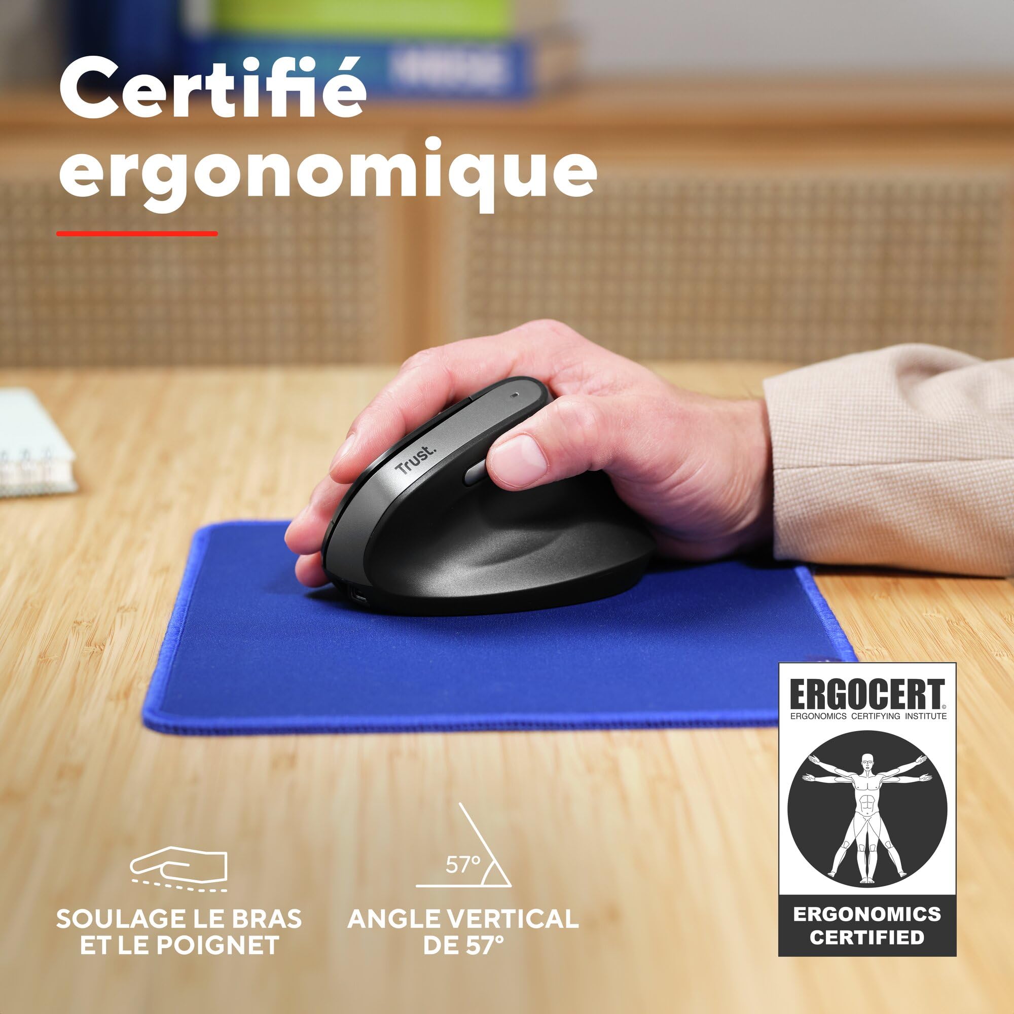 Trust Yuno Souris Ergonomique sans Fil, Souris Verticale Rechargeable, Récepteur USB 2,4GHz, DPI Réglable (800-2400), Capteur Optique, 6 Boutons, 70% Plastique Recyclé, Macbook, Ordinateur, HP - Noir