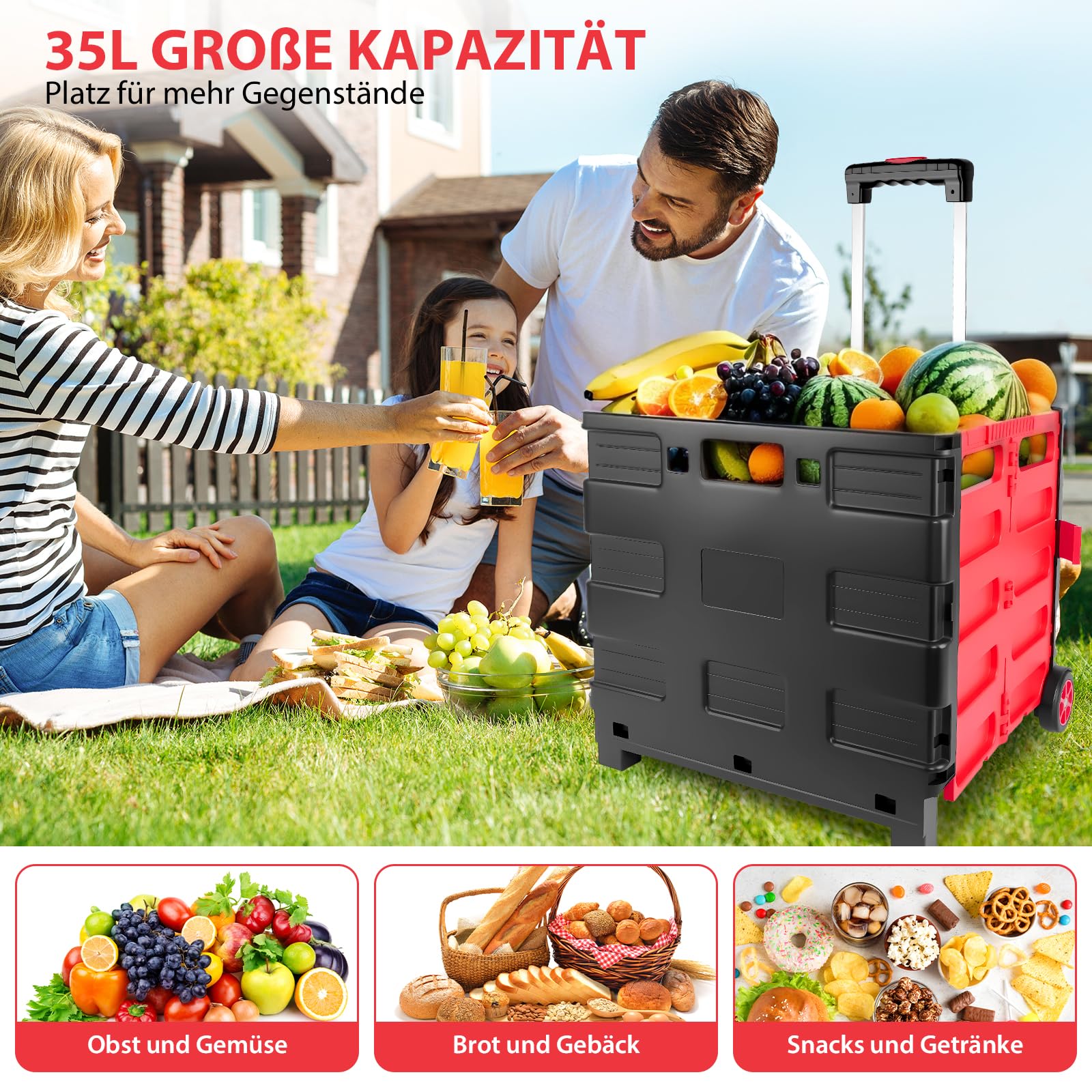 Carro plegable de 35 litros con ruedas, carro plegable para maletero con asa, para casa, oficina, compras y almacén