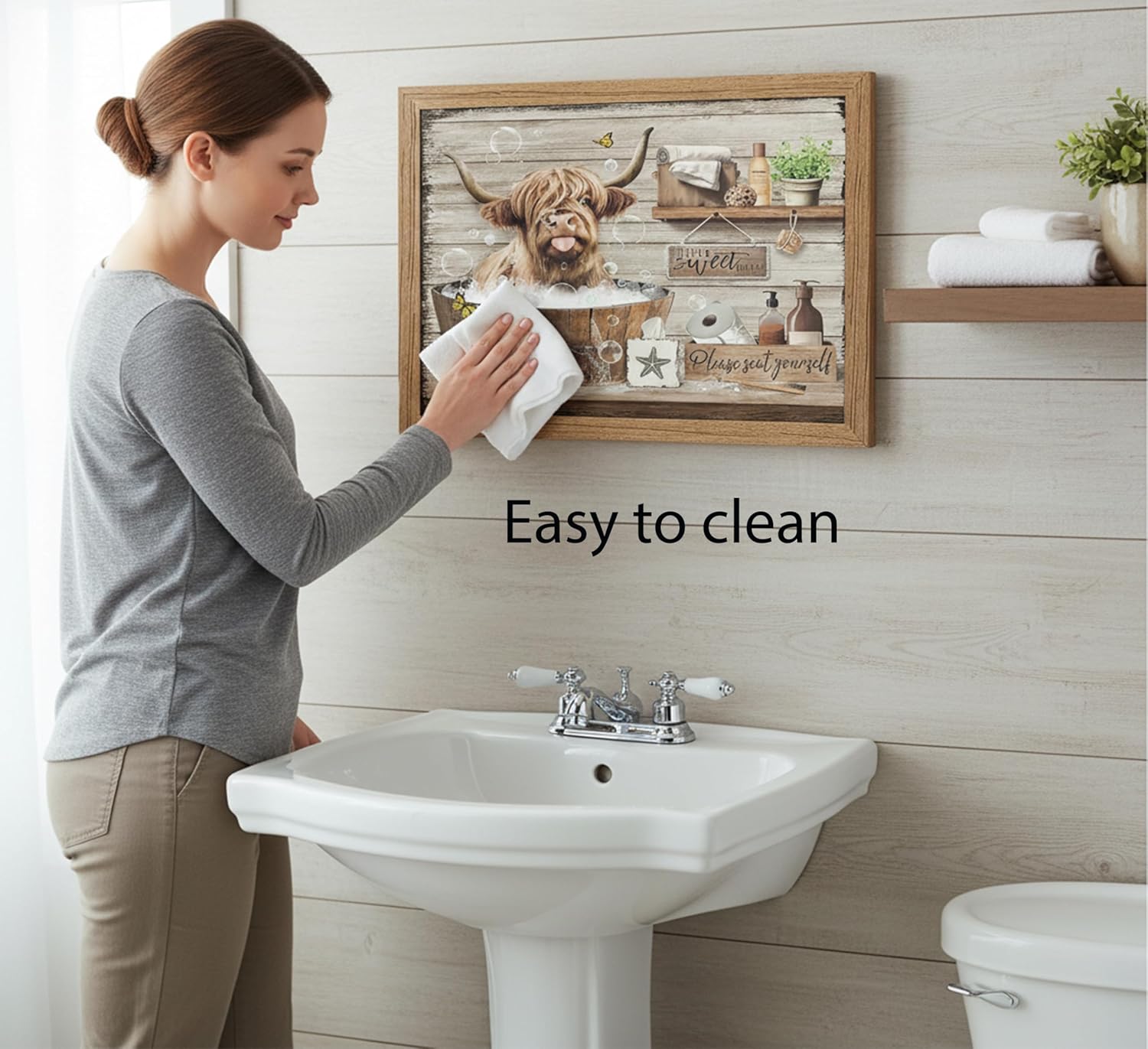 XDFDDNLY Wood Framed Highland Cow Canvas Wall Art,Bathroom Funny Quotes Picture,Rustic Farmhouse Cow Poster Prints.Cute Animal In The Bathtub painting Artwork for Bathroom Restroom Wall Decor 12x16in