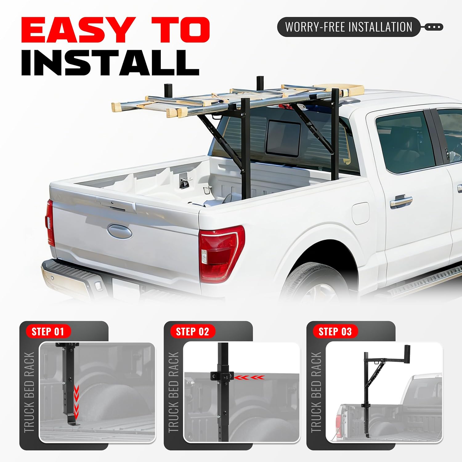 250lbs Truck Ladder Rack,Extendable Truck Rack 19"-34" W 38.6"-43.6" H, Steel Ladder Rack for Truck Kayak, Surfboard, Lumber, Ladder
