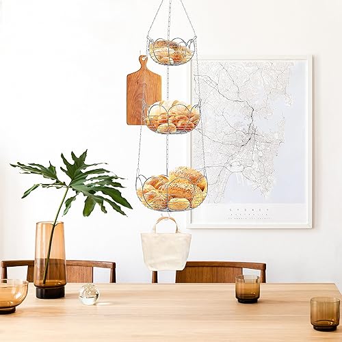 Miniatura 2 de Simple Houseware Cesta de frutas colgante moderna de 3 niveles, cromada