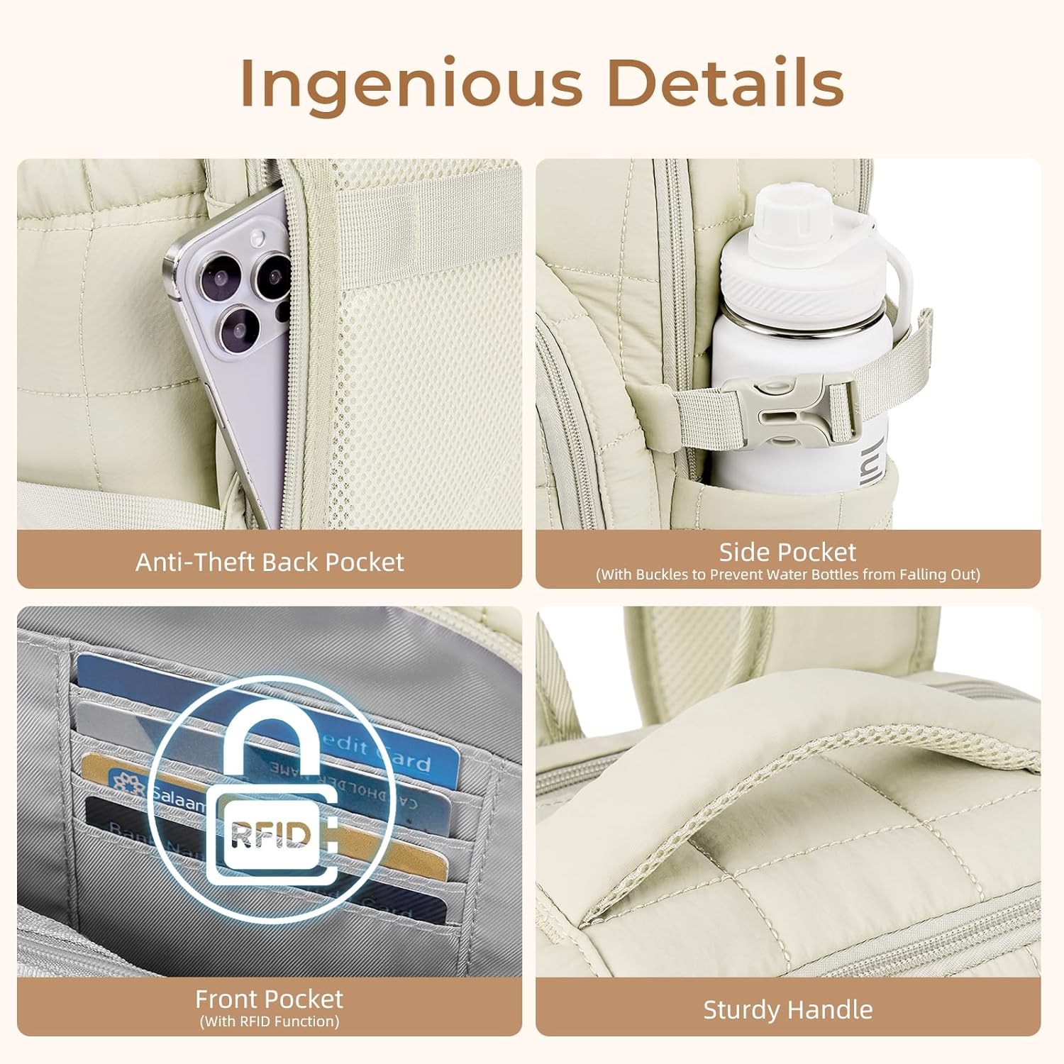 CLUCI 17.3 Inch Laptop Backpack for Women, Anti Theft Travel Backpack, Puffer Quilted Work Backpack, Water Resistant College Bookbag, Carry on backpack with RFID (Beige) - Image 6