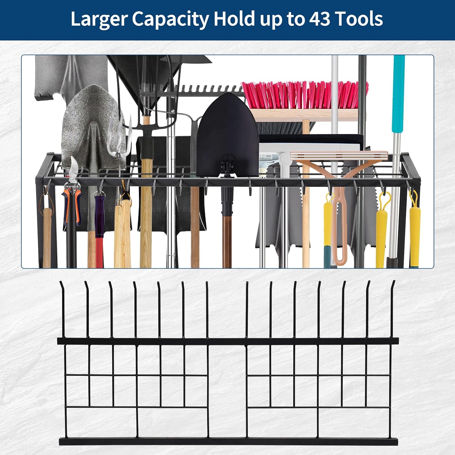 Garden Tool Organizer Rack,Heavy-Duty Metal Yard Tool Rack with 2 Shelves&14 Hooks,Holds 43 Long-Handled Tools, Rakes, Shovels & Brooms,Freestanding Tool Organizers and Storage for Yard Shed and Lawn