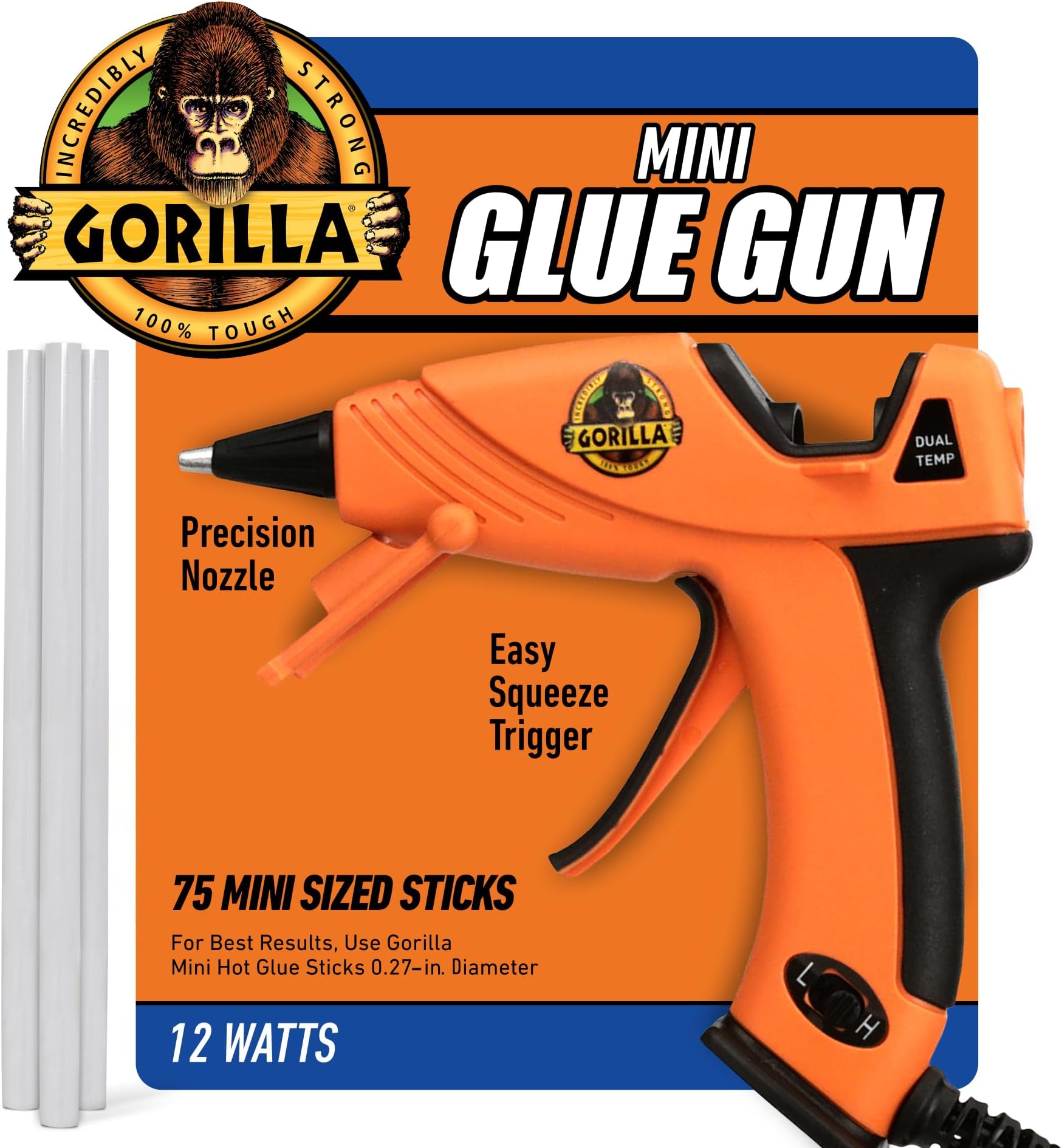 Gorilla Mini Hot Glue Gun Kit (Pack of 1 Mini Hot Glue Gun and 75 Sticks) - Dual Temp, Precision Nozzle, and Easy Squeeze Trigger
