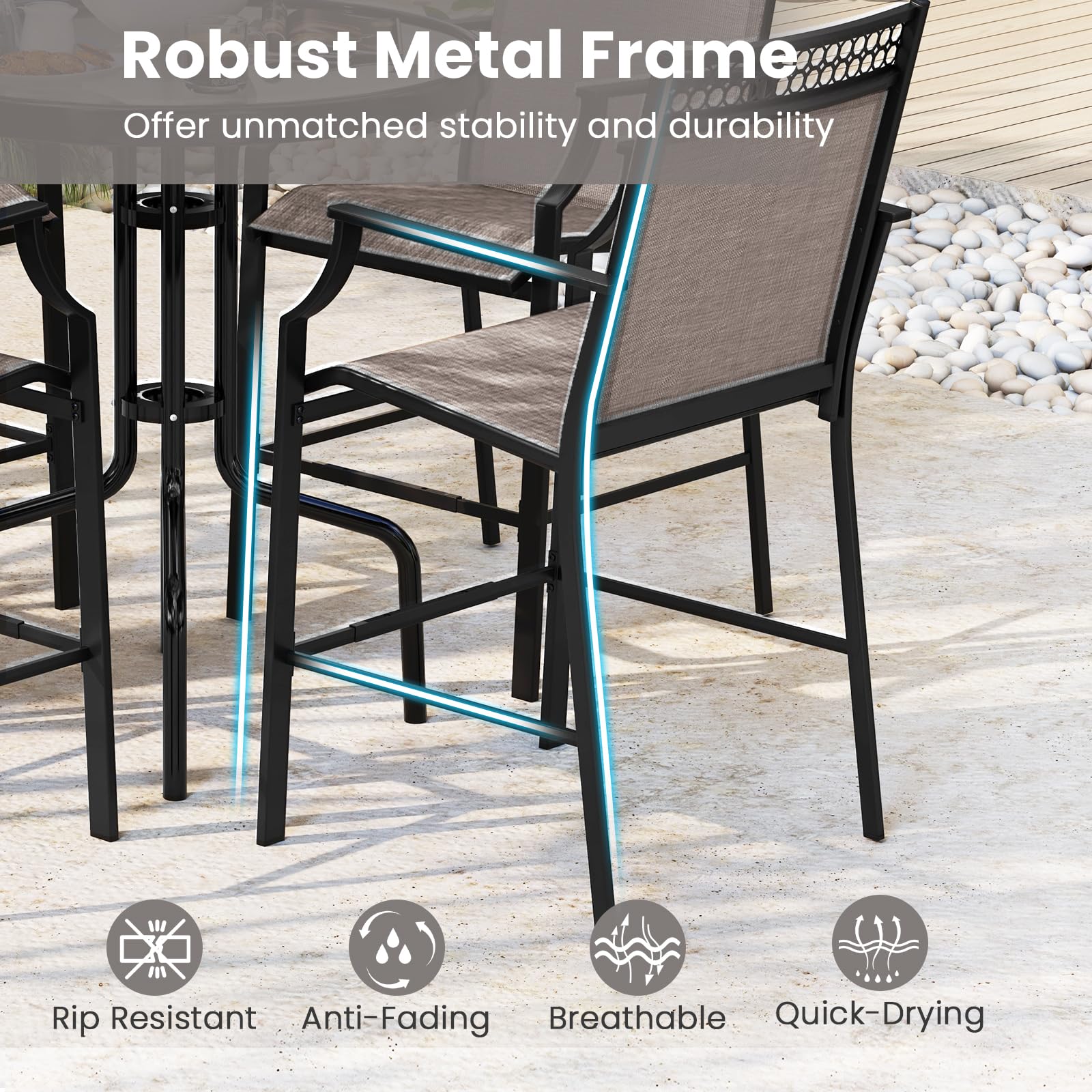 KOMFOTTEU Juego de 2 Sillas de Jardín, Silla Alta de Tela con Marco de Metal, Taburete de Bar con Respaldo y Reposabrazos, Silla de Comedor con Carga 180 kg para Terraza, 66 x 62 x 114 cm (Café)