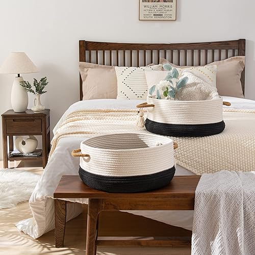 Miniatura 6 de KAKAMAY Cestas tejidas para almacenamiento (16 x 8 pulgadas), cesta de manta para organizar la sala de estar, cesta de cuerda de algodón tejida para