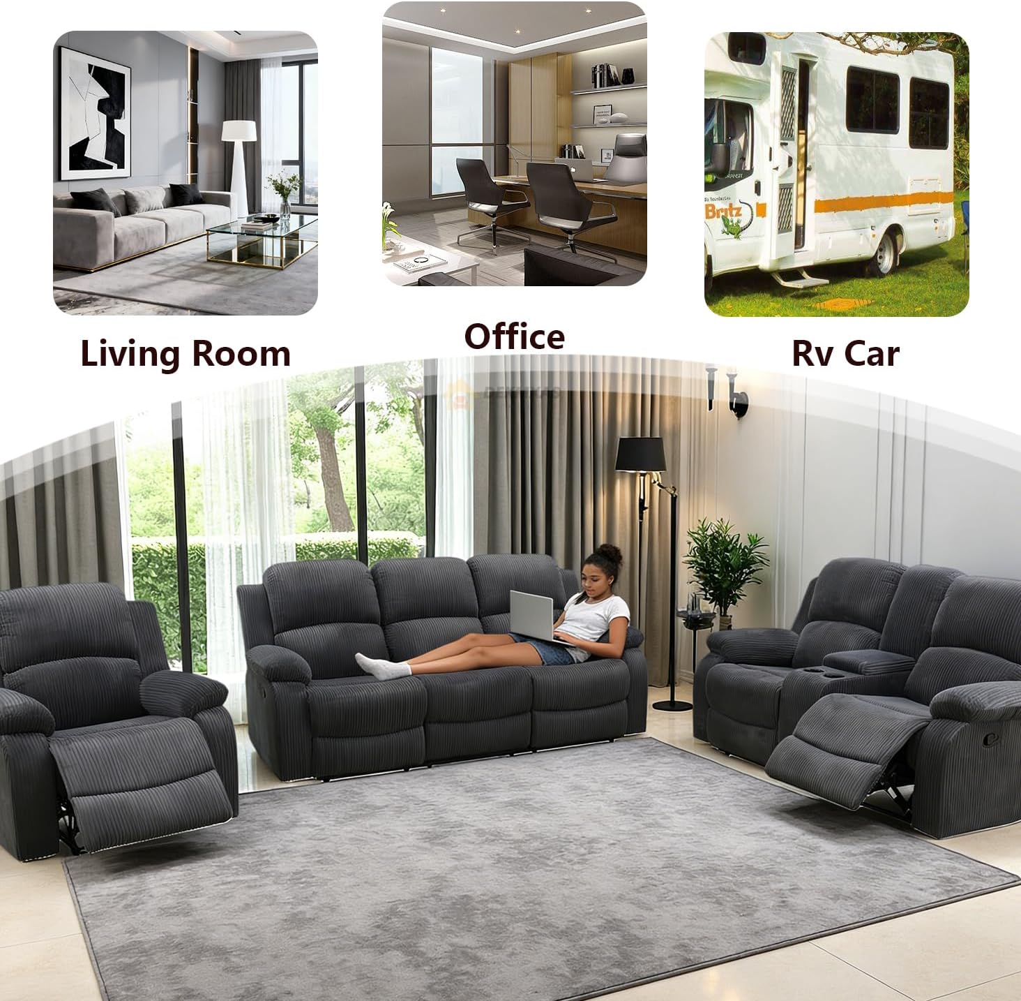 Fabric Recliner Sofa Set in 2 Pieces Living Room Furniture Sets Modern Loveseat Couch Set Manual Reclining Sofa Set with Cup Holders/Storage Console for Living Room/Rv Car (Grey,Sofa+Loveseat)