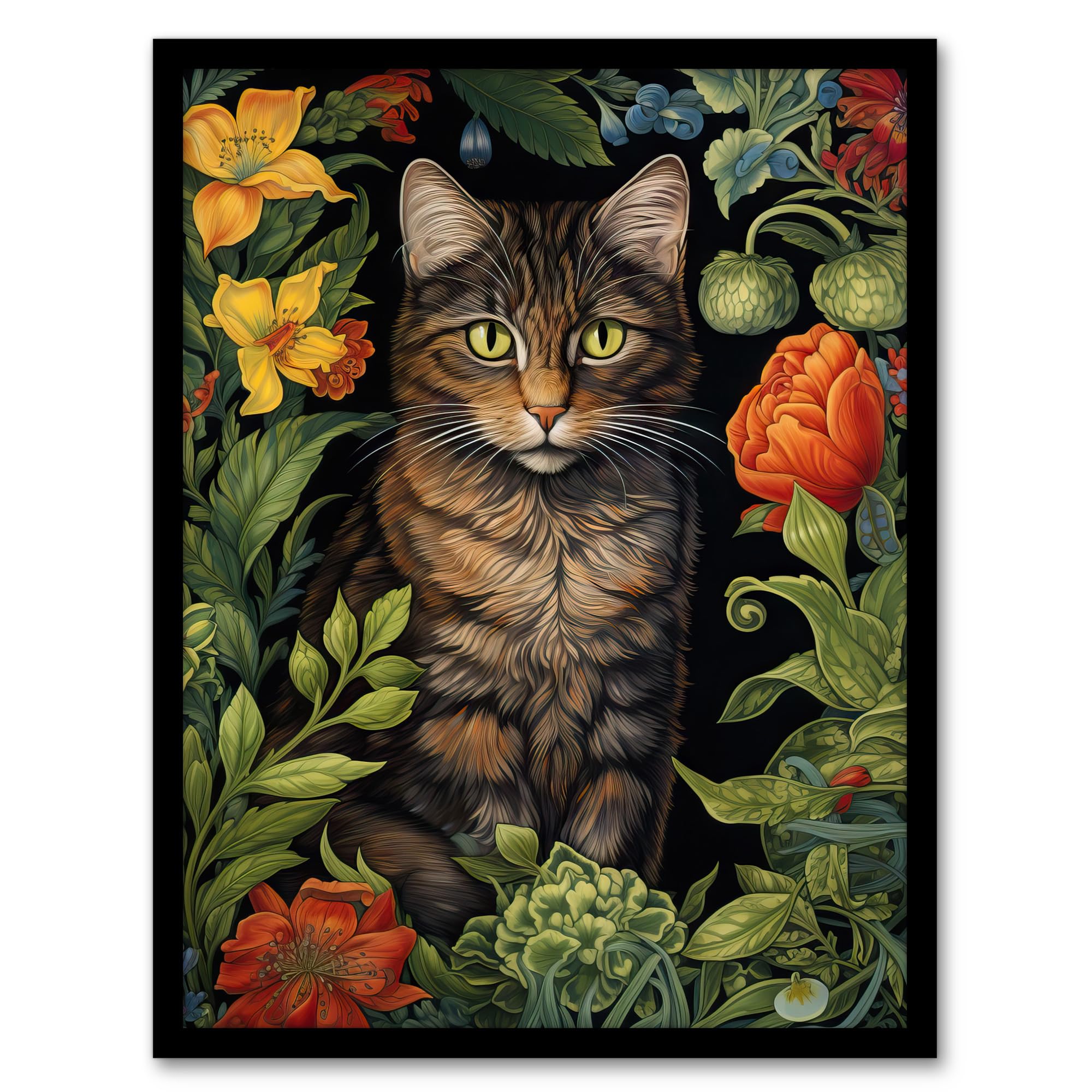 Artery8 Herbaceous Henry The Garden Tabby Cat Stylish Floral Flower Design Illustration Artwork Framed Wall Art Print A4