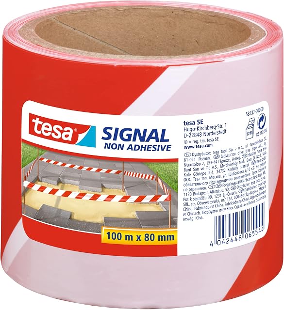 tesa® Signal Barrier Tape - Warning Tape for Barrier, Marking and Demarcation of Danger Areas - Non-Adhesive - Red-White, 100 m x 80 mm