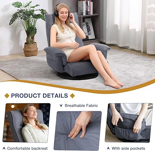 Vista 6 de Silla ergonómica de tela de lino, sofá cama reclinable de 6 posiciones con soporte lumbar, tumbona plegable con cojín grueso, reposabrazos