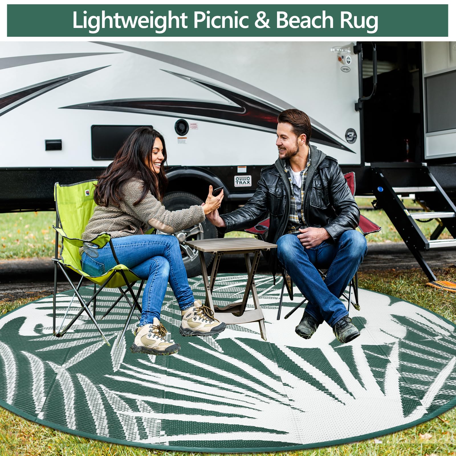Capslpad Tapis d'extérieur rond réversible et léger en paille de plastique recyclé, portable, pour jardin, camping, terrasse, barbecue, plage, vert foncé 180 cm