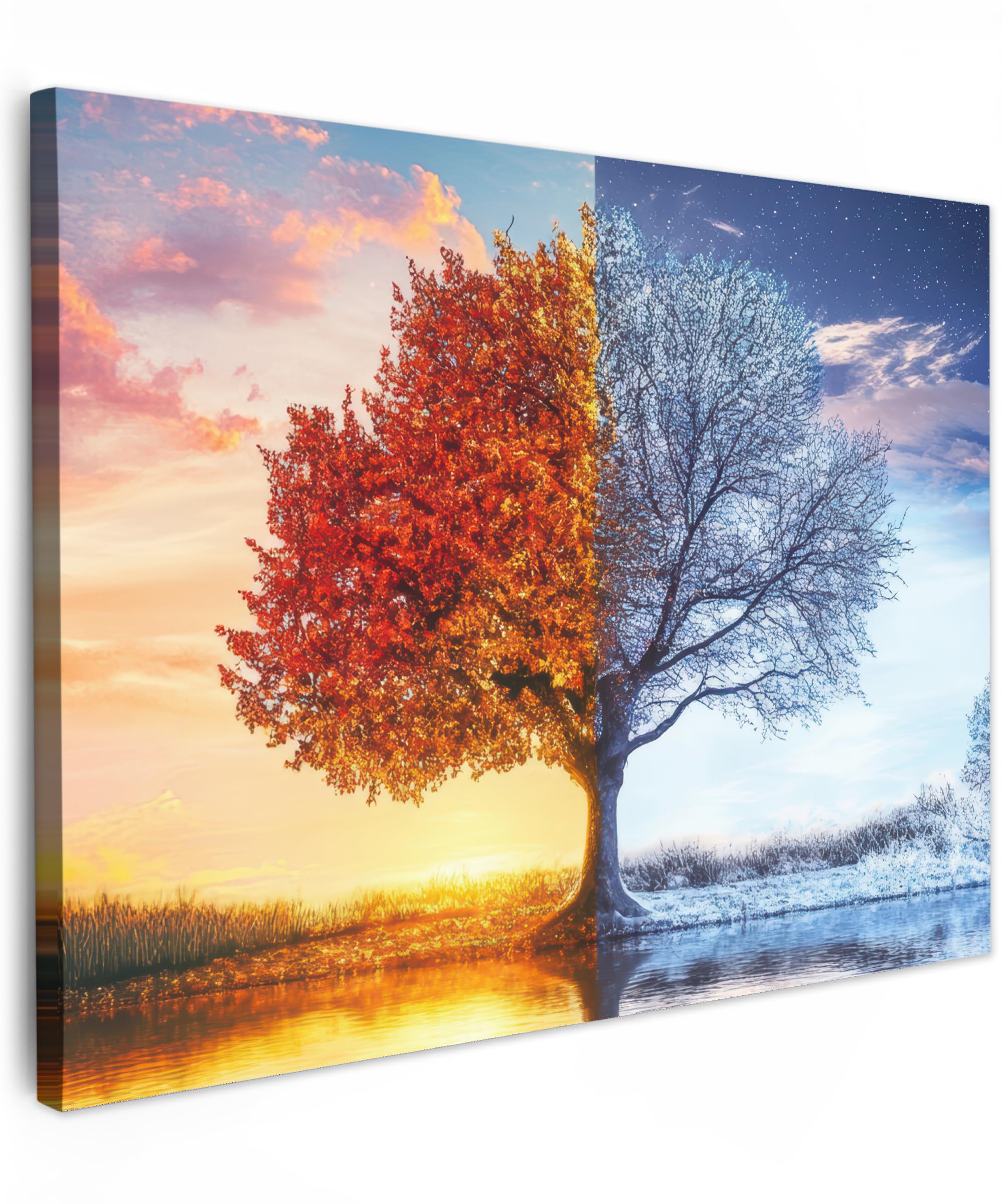 MuchoWow© Leinwand 80x60 cm Deko Schlafzimmer Aesthetic Leinwandbilder Wohnzimmer Gemälde Foto Geschenk Living Room Decoration Jahreszeiten - Kunst - Baum - Herbst - Winter