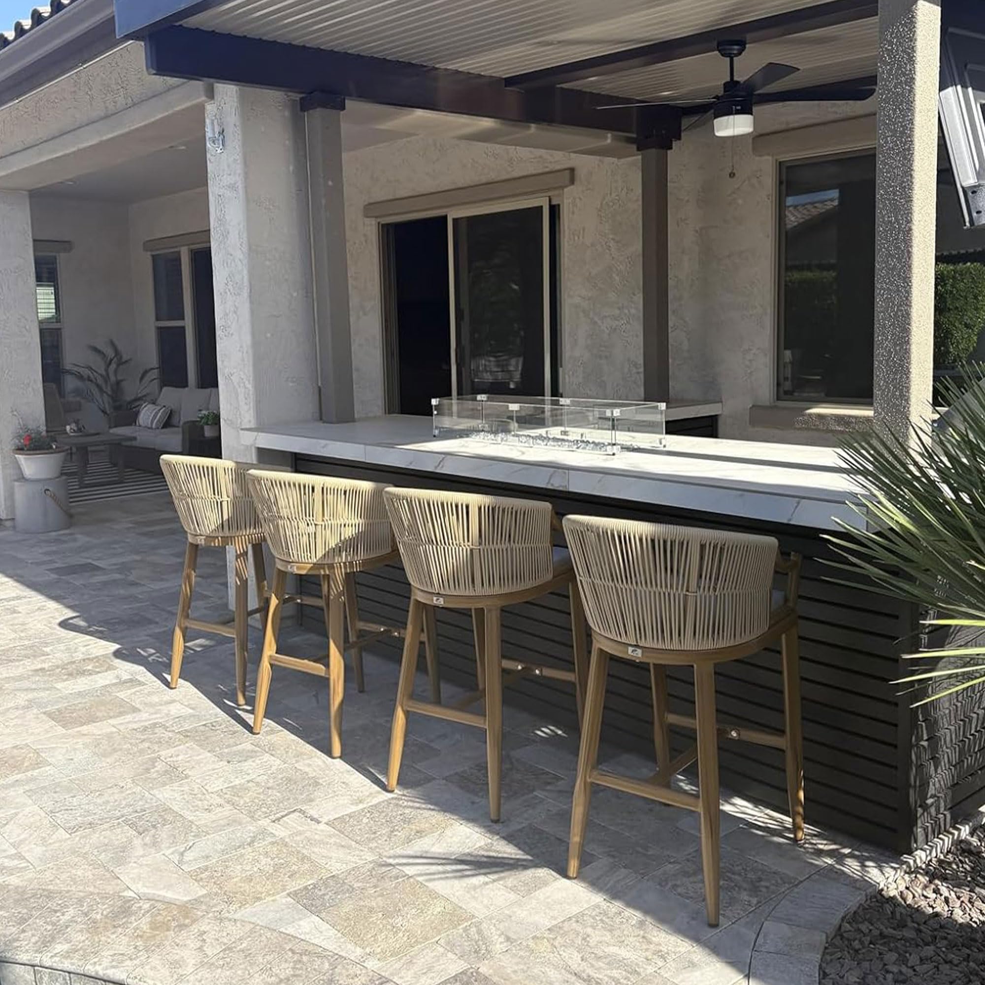 PURPLE LEAF Outdoor Bar Height Stools Set of 4 with Thick Cushion, Teak
