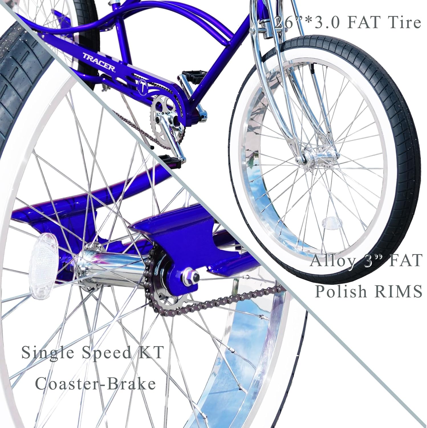 Tracer Master Beach Cruiser Bike 26inch Wheel Bike, Single Speed Coaster Brake, Oversized Chopper Stretch Steel Frame, Fat Tire Comfortable Commuter Bike for Women Men Senior