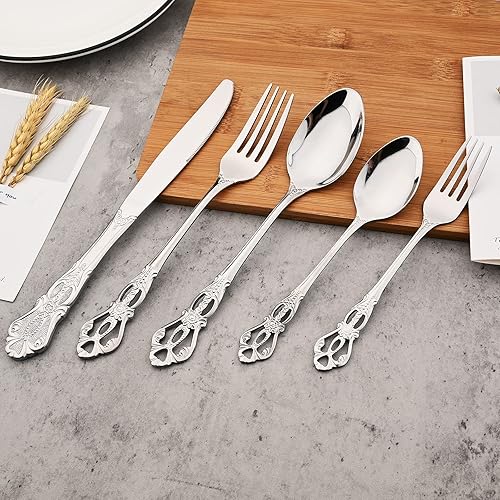 Miniatura 7 de JANKNG Juego de 2 cubiertos de plata vintage para servir, 10 piezas de acero inoxidable 304, hermoso juego de cubiertos que incluye cuchillo,