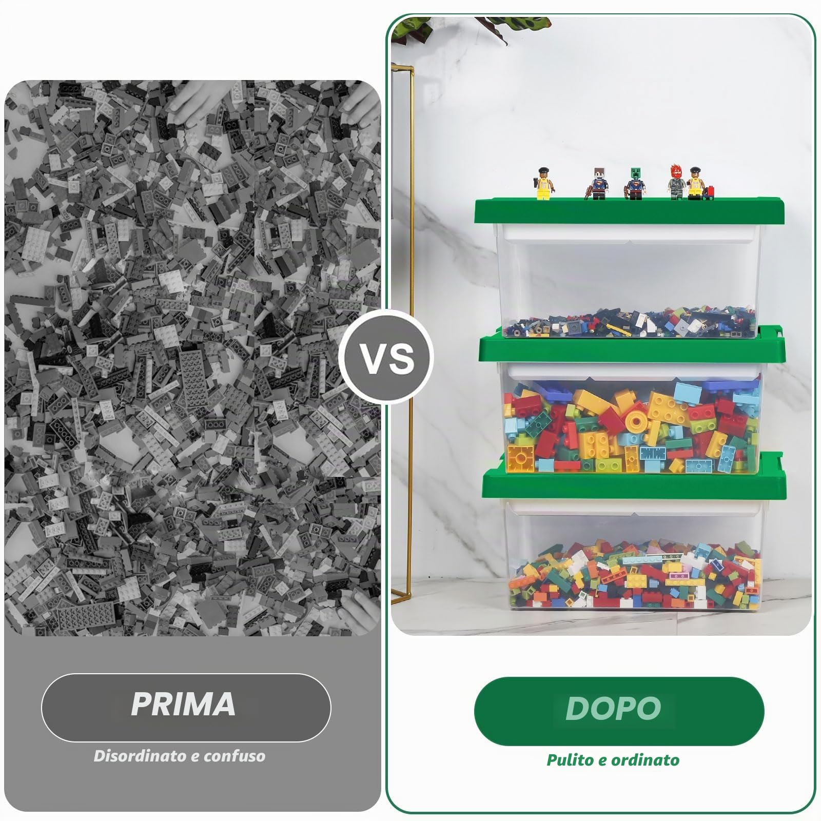Greentainer Set di 3 contenitori portaoggetti in plastica impilabili con vassoio rimovibile, contenitori per giocattoli per bambini con coperchio per piastra di base, contenitore per mattoni da