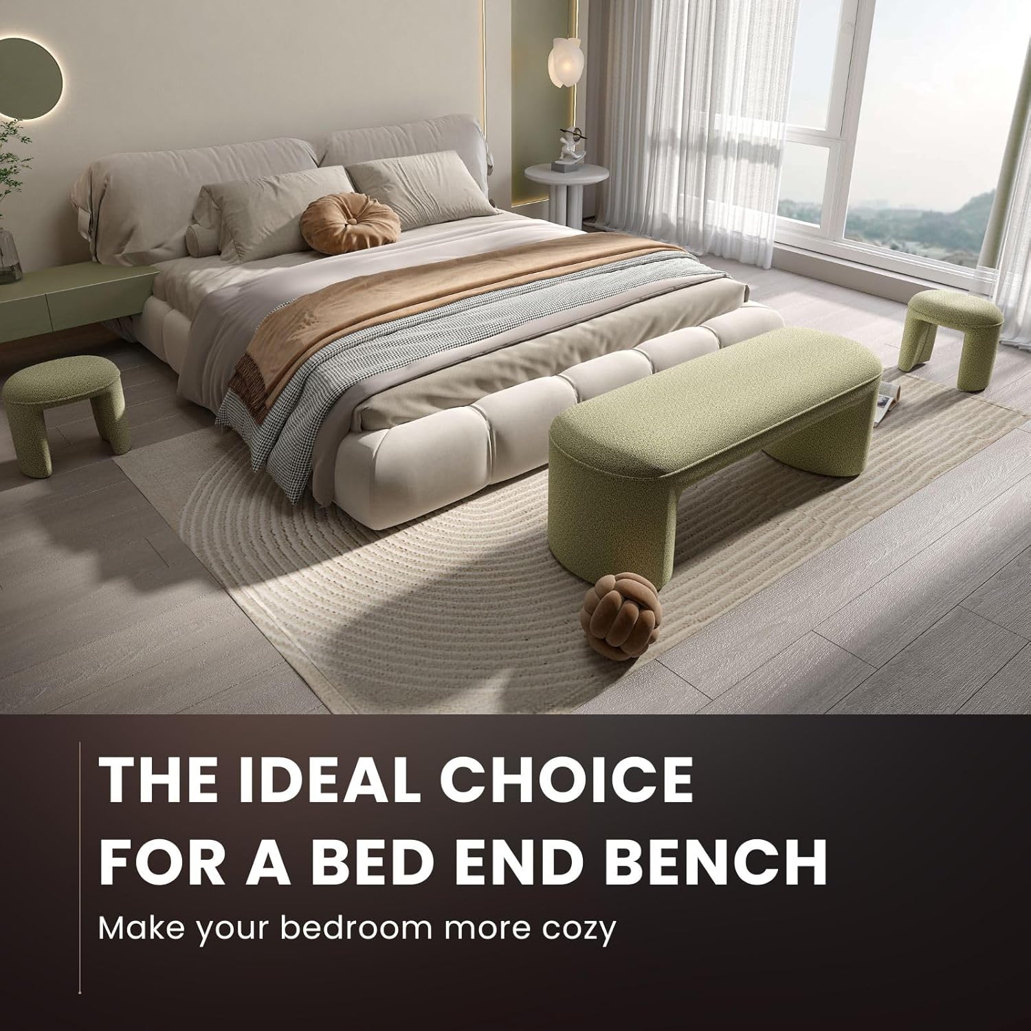 3-Piece Nesting Ottoman Bench Set，53" Long Upholstered End of Bed Bench with 2 15" Foot Stools Chenille Modern Arched Bench Comfy Entry Bench Vanity Stools for Living Room Bedroom, Green