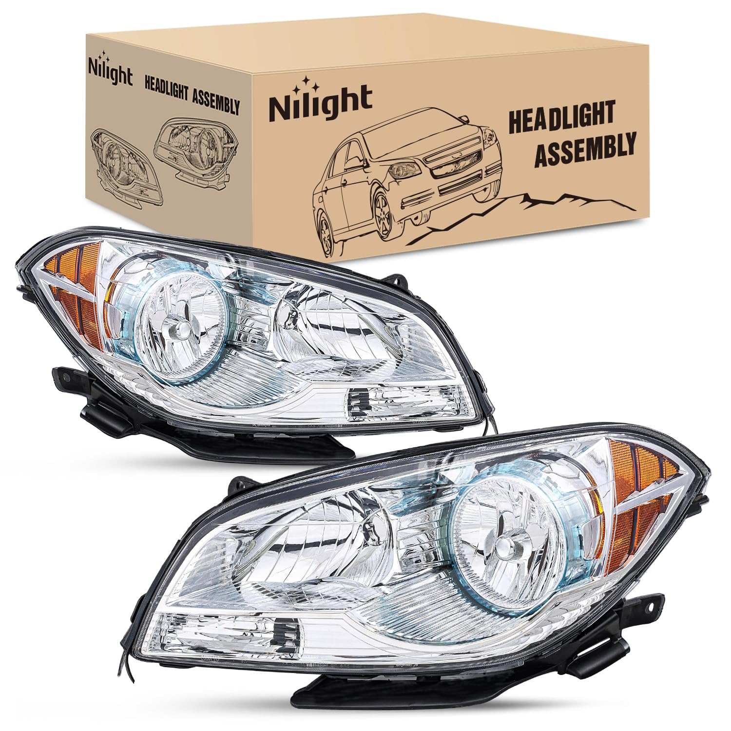 Nilight Headlight Assembly Compatible with 2008 2009 2010 2011 2012 Chevy Malibu 4 Door Halogen Factory Headlamp Chrome Housing Amber Reflector