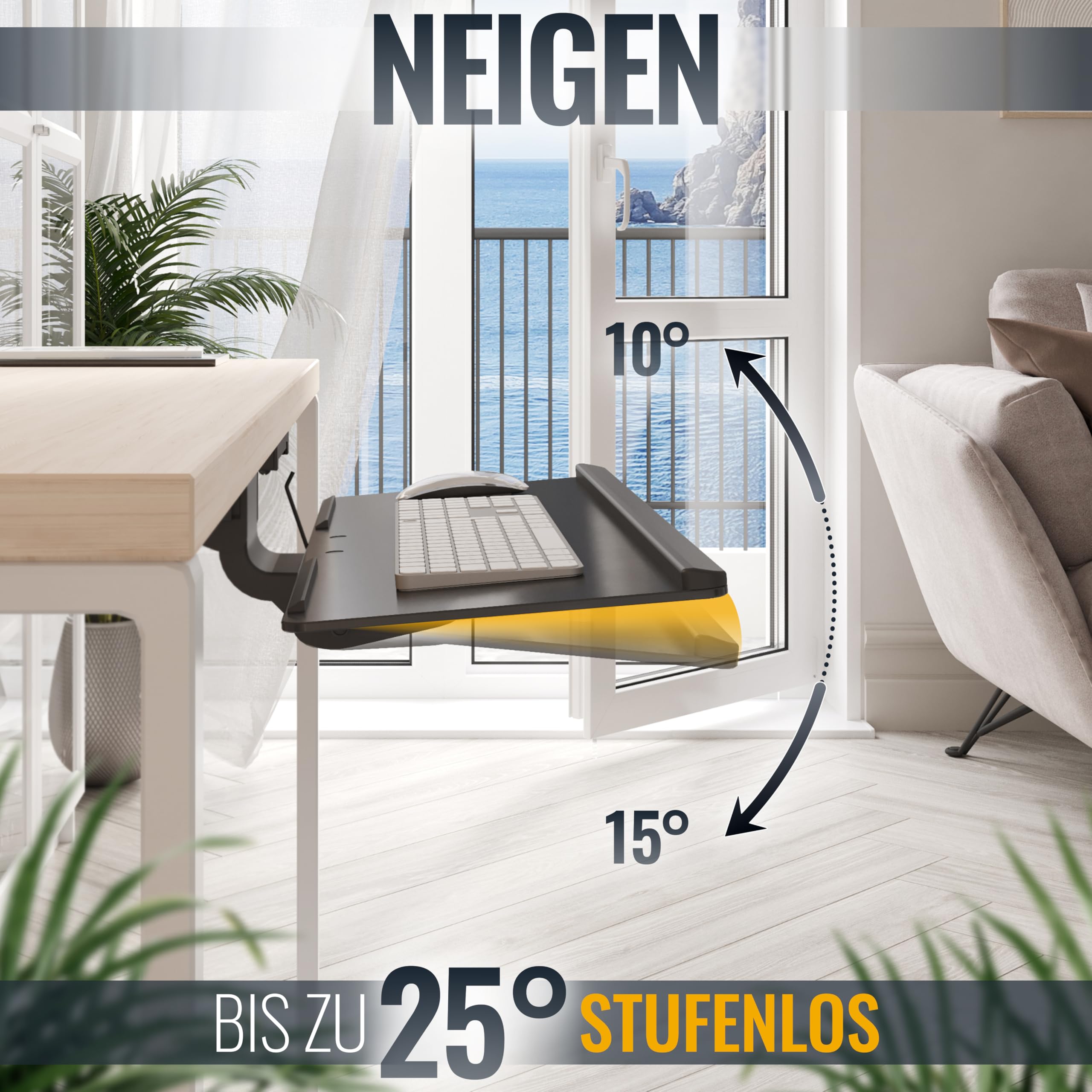 Toetsenbordhouder onder het bureau, grote C-klem, 65,5 cm (75,6 cm inclusief klemmen) x 31,1 cm, uittrekbaar platform, computerlade, uittrekbare toetsenbord- en muisplank, DSF4