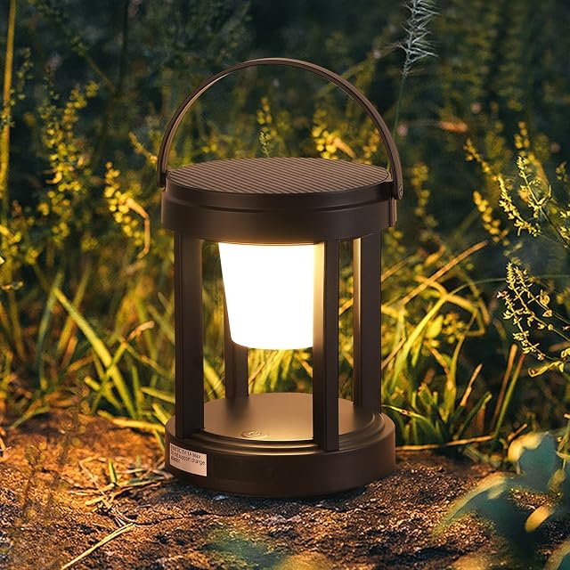 Outdoor Table Lamp, 35W 3-Level Brightness LED Nightstand Lantern,Portable Rechargeable Solar Lamp IP44 Waterproof,Touch Control Outdoor Cordless Lantern for Patio/Walking/Reading/Camping (Round)