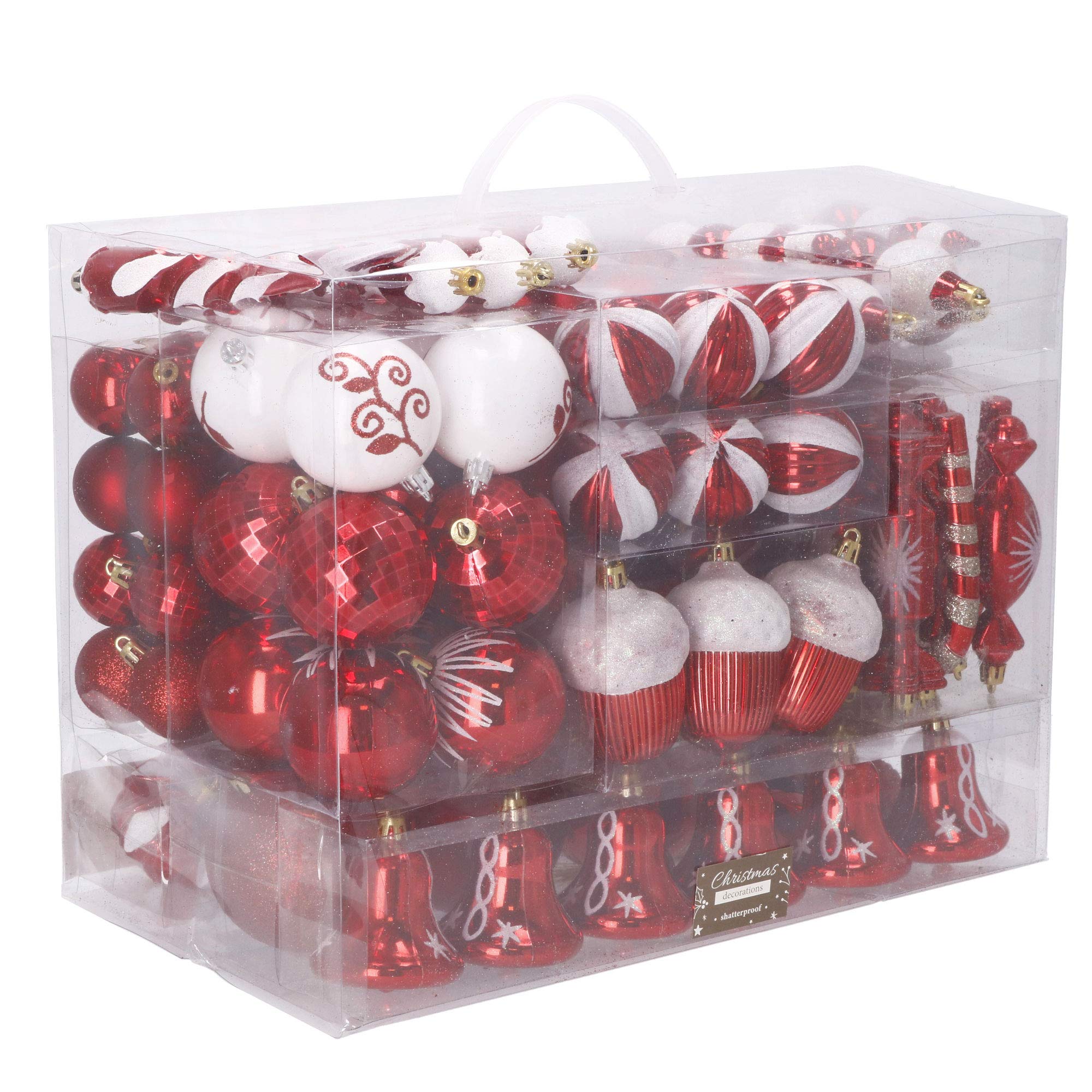 SPRINGOS Palline per albero di Natale 153 pezzi, rosse, infrangibili, forme diverse, un set, Natale, ornamenti per albero, decorazione.