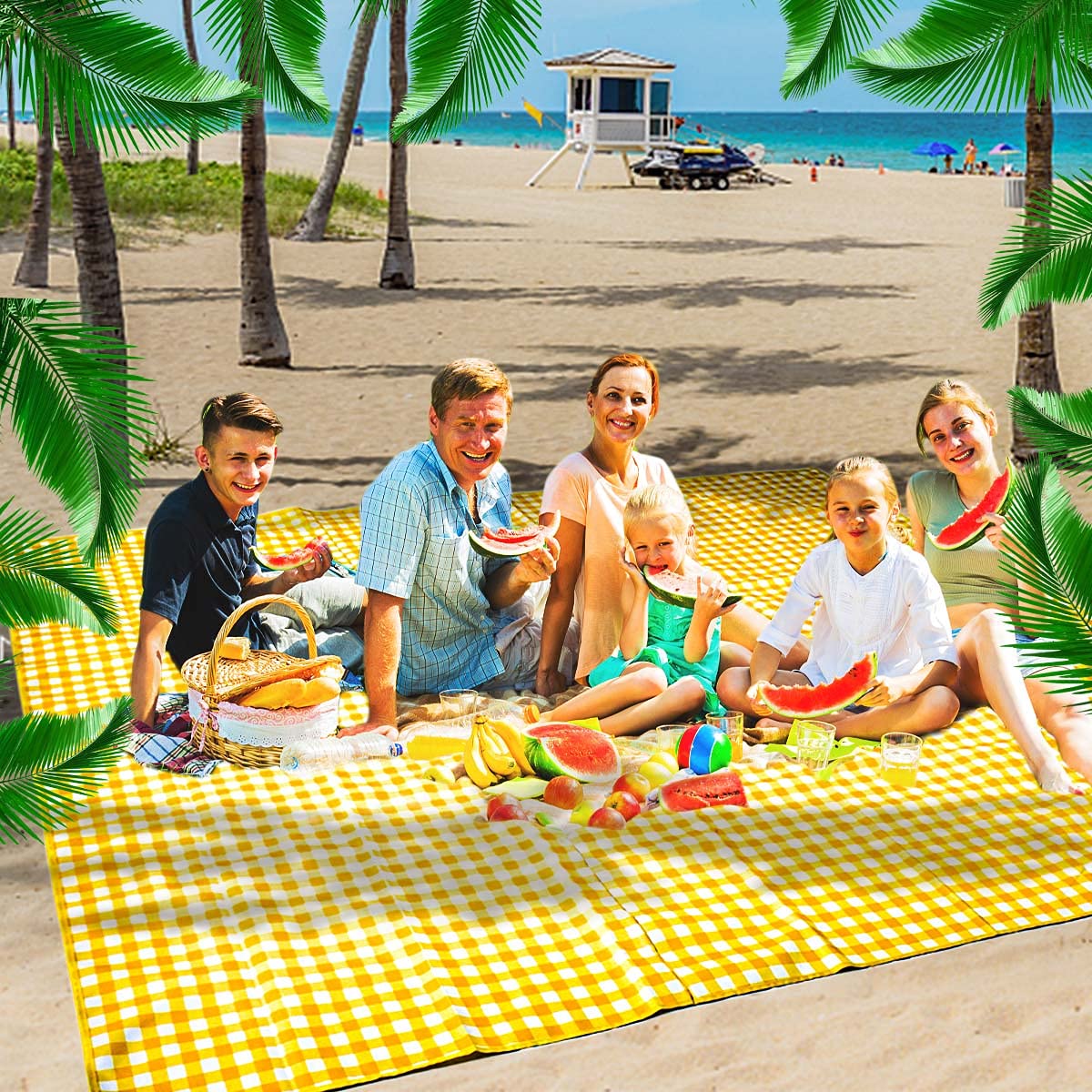 ZHUYNXIR Bardzo duży piknik, wodoodporny koc, mata piknikowa w kratkę na plażę, kemping, trawę, koce piknikowe (żółty 147 x 147 cm)