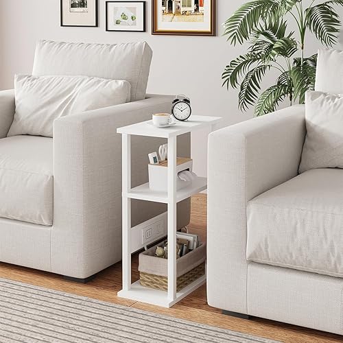 Miniatura 5 de VIMBER Mesa auxiliar estrecha con estación de carga, 2 juegos de mesa auxiliar delgada para espacios pequeños, sofá junto a mesas con estante de