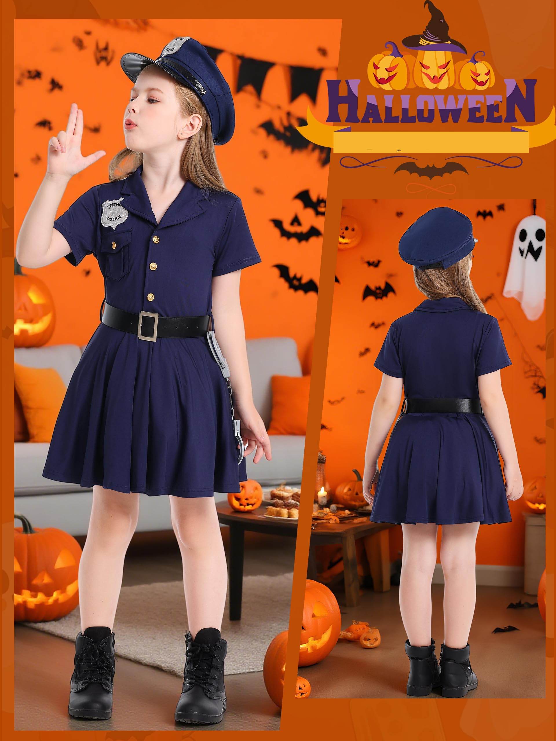 LOLANTA Niños Policía Disfraces Niñas Niños Uniforme Policía Set Carnaval Disfraz Halloween Día Mundial Profesiones Sombrero+Cinturón+Esposas