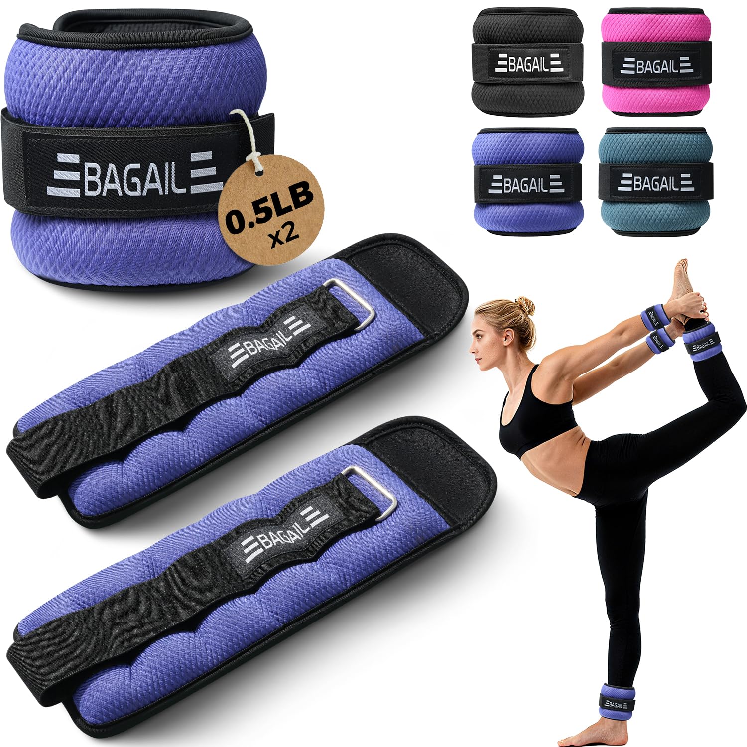 BAGAIL Ankle and Wrist Weights Set (0.23kg x 2) - Arm & Leg Weights for Men and Women - Adjustable Size, Secure Fit and Sleek Design for Walking, Running, Home Workouts & Physical Therapy - Purple