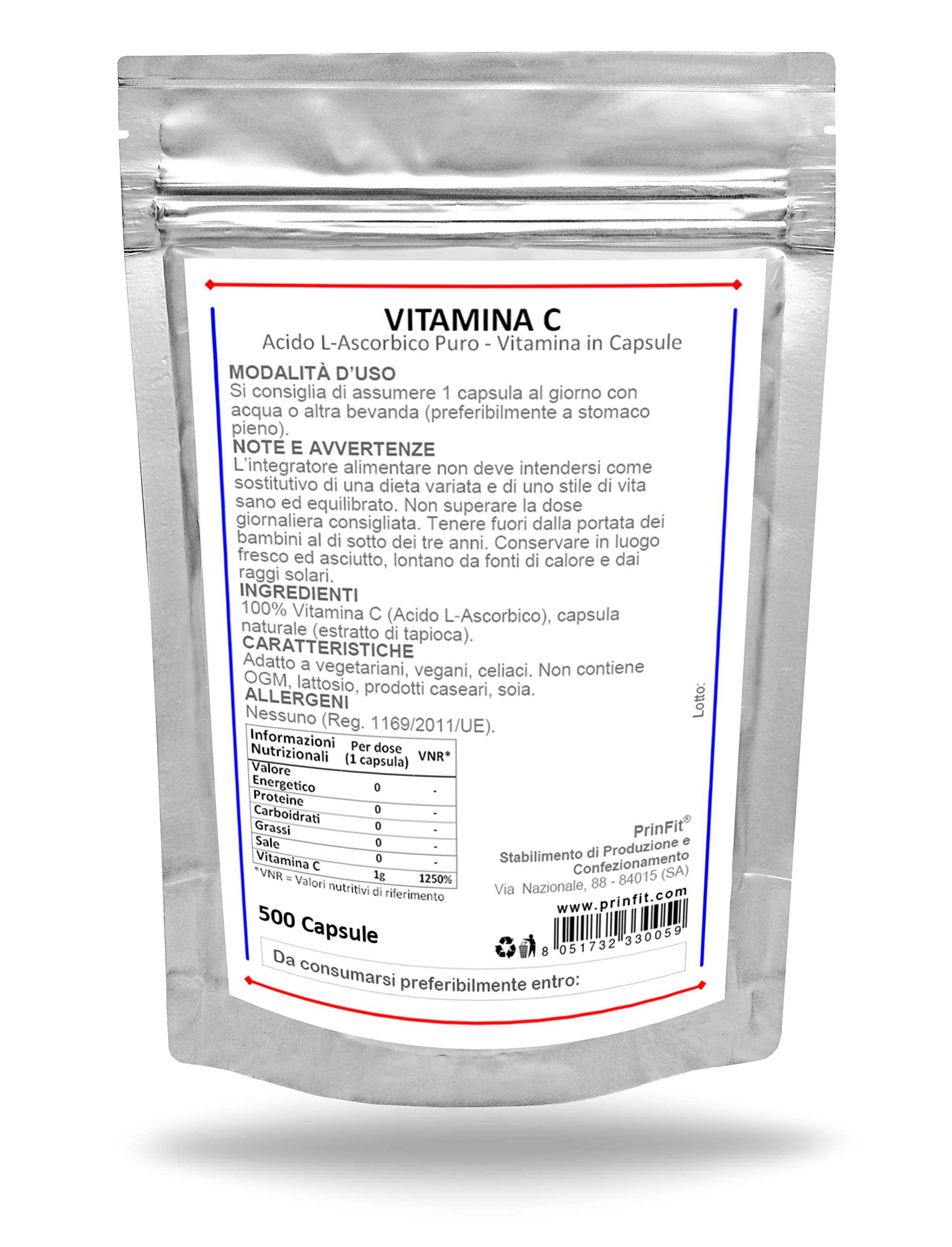 PrinFit® - 500 Capsule Vitamina C Pura - Alto Dosaggio 1000 mg - Antiossidante Acido L-Ascorbico Integratore Alimentare