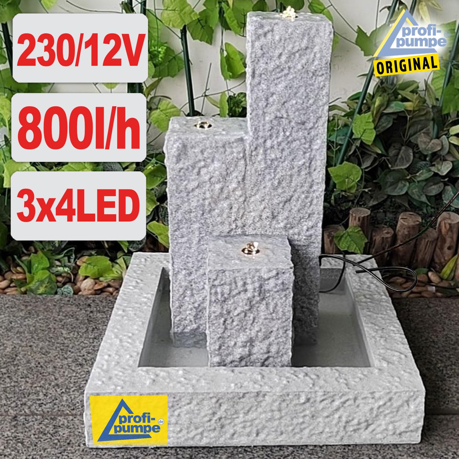 Gartenbrunnen Brunnen Zierbrunnen Zimmerbrunnen Springbrunnen Brunnen mit LED-Licht TRIO-BASALT-230V Wasserfall Wasserspiel für Garten, Terasse, Balkon