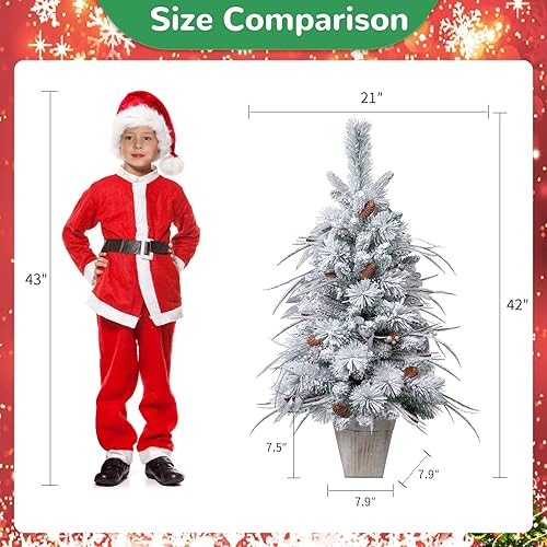 Miniatura 5 de Árbol de Navidad flocado de 35 pies para mesa pequeño árbol de Navidad artificial esmerilado con conos de pino árbol de Navidad falso blanco festivo