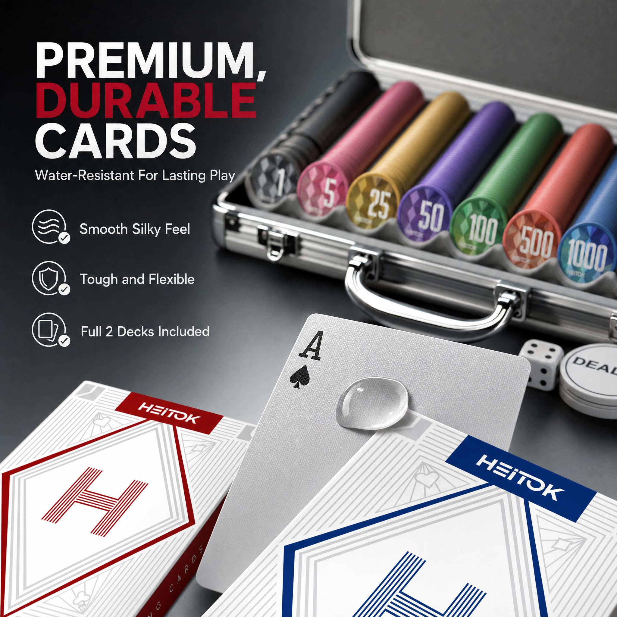 HEITOK Mallette Poker Professionnelle 300 Jetons Numérotés 11,5g ABS Lourds – Kit Complet Texas Hold'em Blackjack avec Valise Aluminium