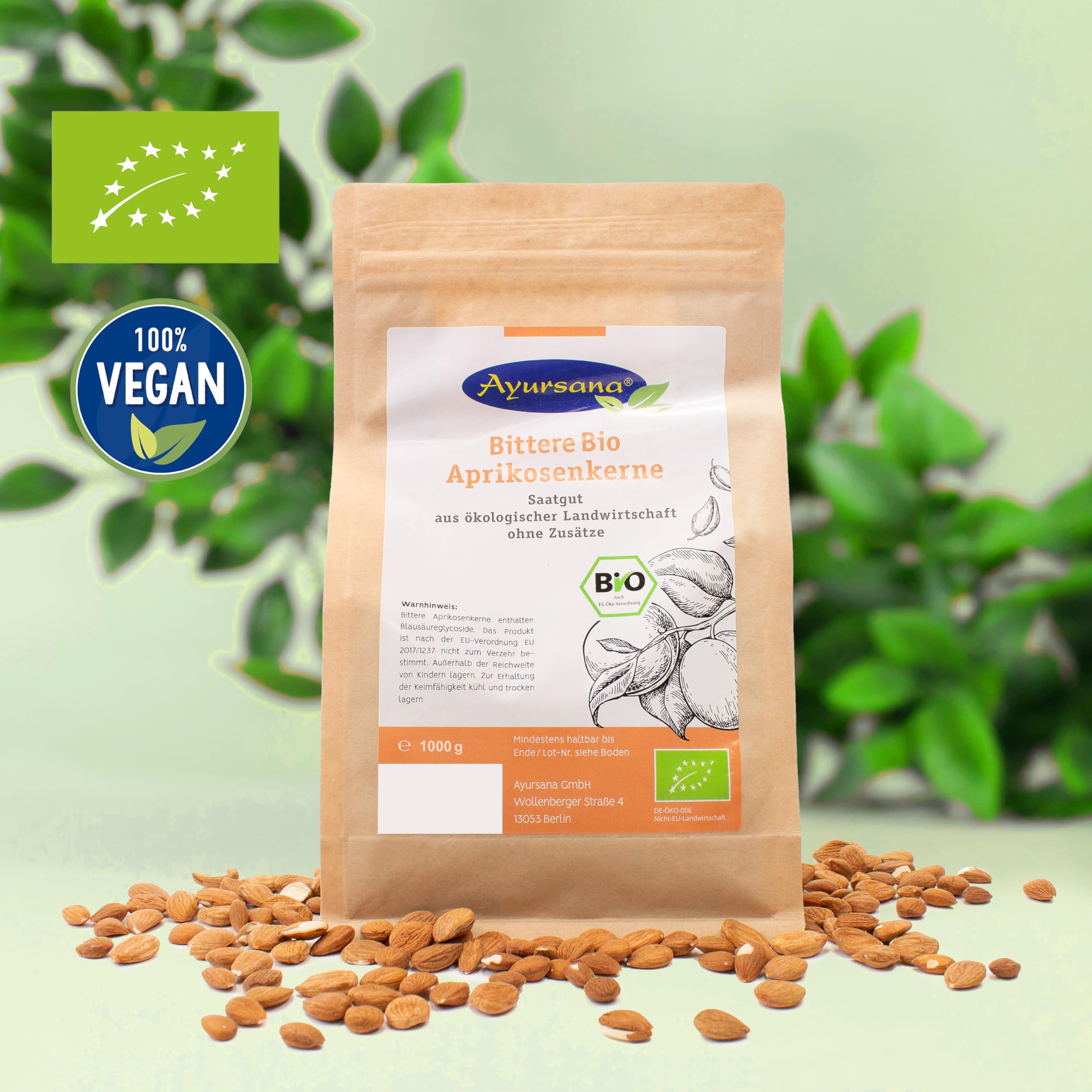 Ayursana Bittere Aprikosenkerne Bio 1000g - Reich an Amygdalin - Saatgut, naturbelassen & schonend getrocknet - Zum Beimischen von Smoothie Bowls, Müslis – Apricot Nuts geprüft im deutschen Labor