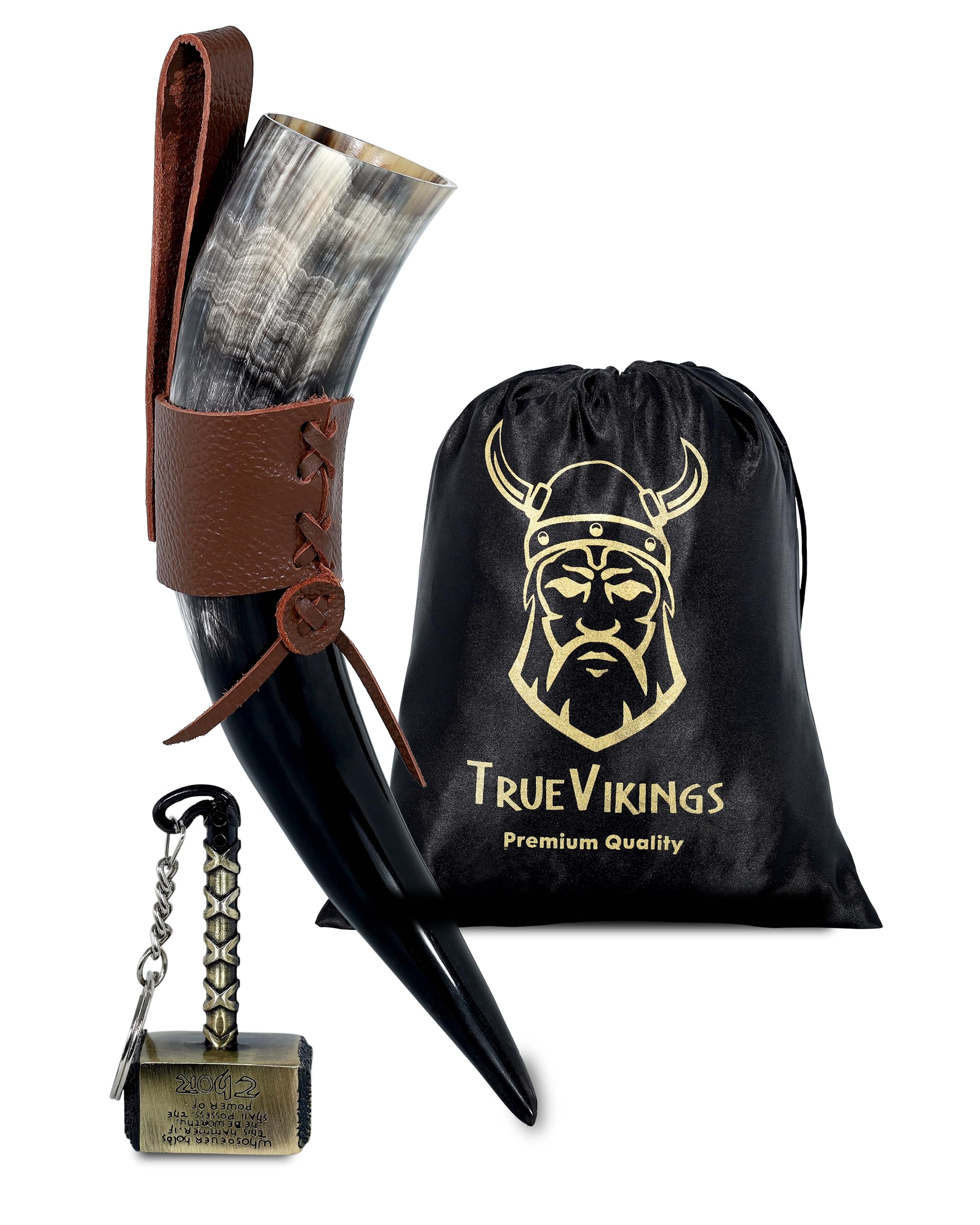 TRUE VIKING Drinking Horn 10-12oz โ Gifts for Men, Dad, Husband โ Unique Viking Gift โ Handmade Real OxHorn Cup with Thor Bottle Opener โ for Beer, Ale, Mead (Horn with Holster)