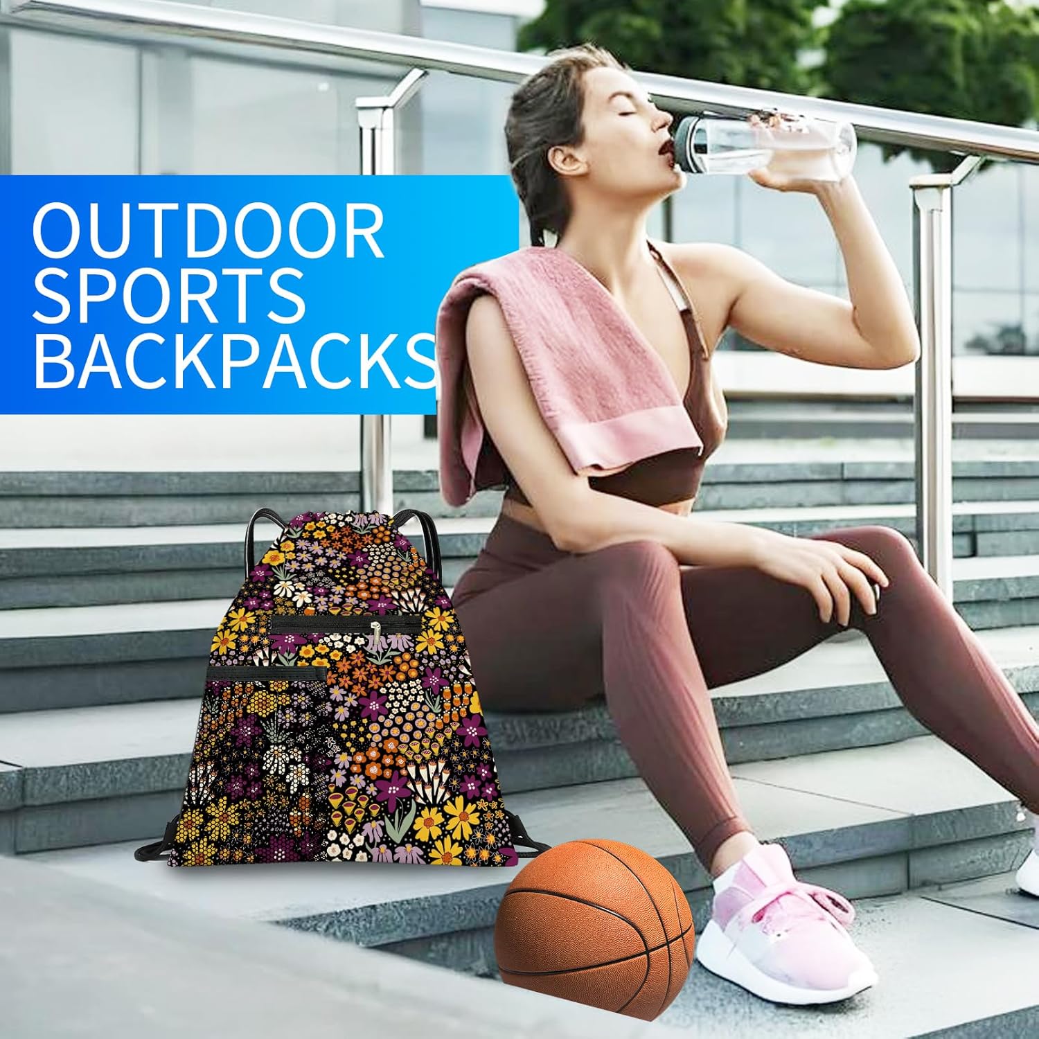 Drawstring Backpack Sports Gym Bag, Large String Swim Bag for Beach With Water Bottle Mesh Pocket, Cute Gym Sack with Zipper Pocket for Men Women Luxuious Floral - Image 2