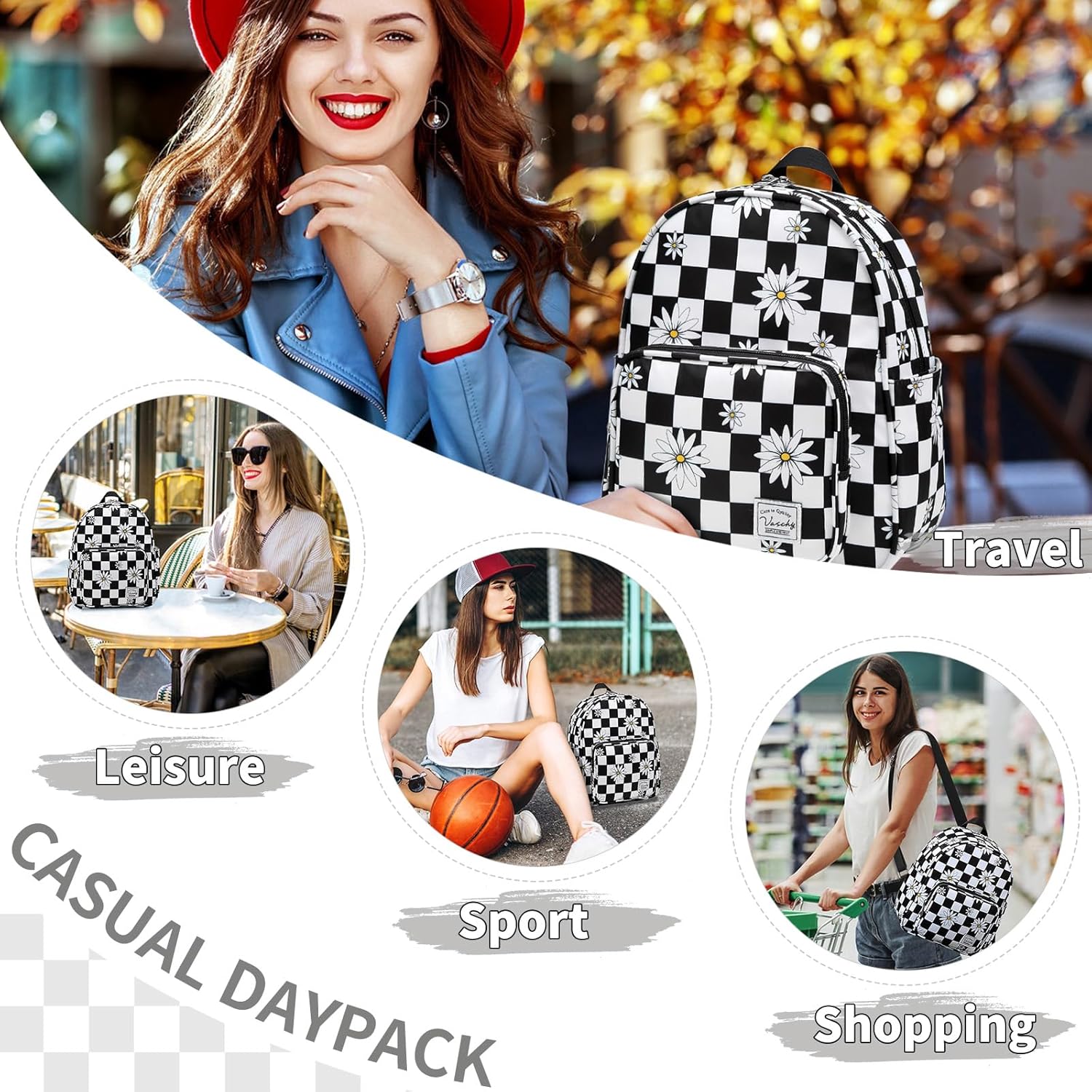 VASCHY Small Backpack for Women, Cute Mini Lightweight Nylon Travel Backpack Purse for Teen Girls Plaid Daisy - Image 7