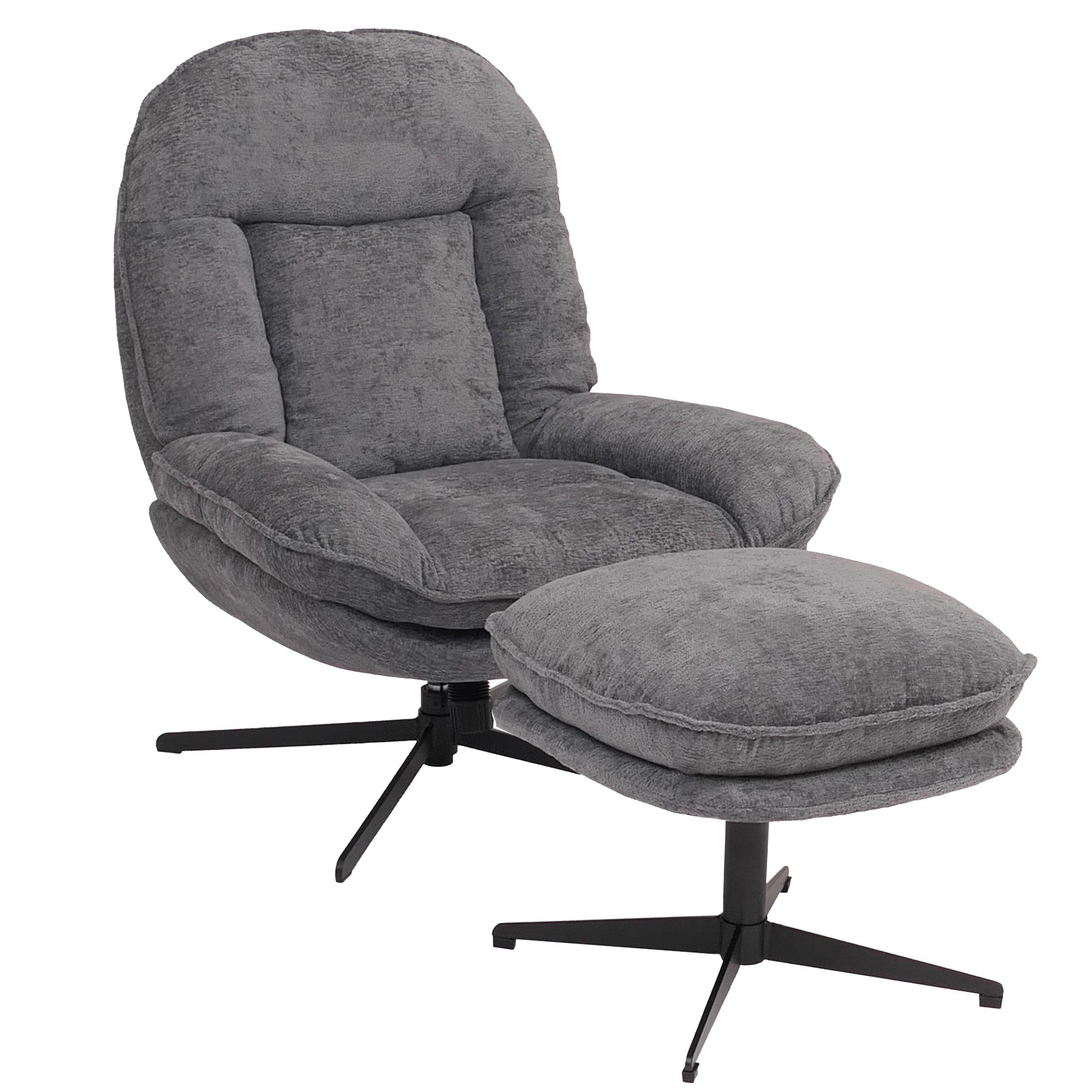 Mendler Relaxsessel mit Hocker HWC-P32, Fernsehsessel Nosagfederung, drehbar Metall Stoff/Textil Chenille (370 g/m²) - grau