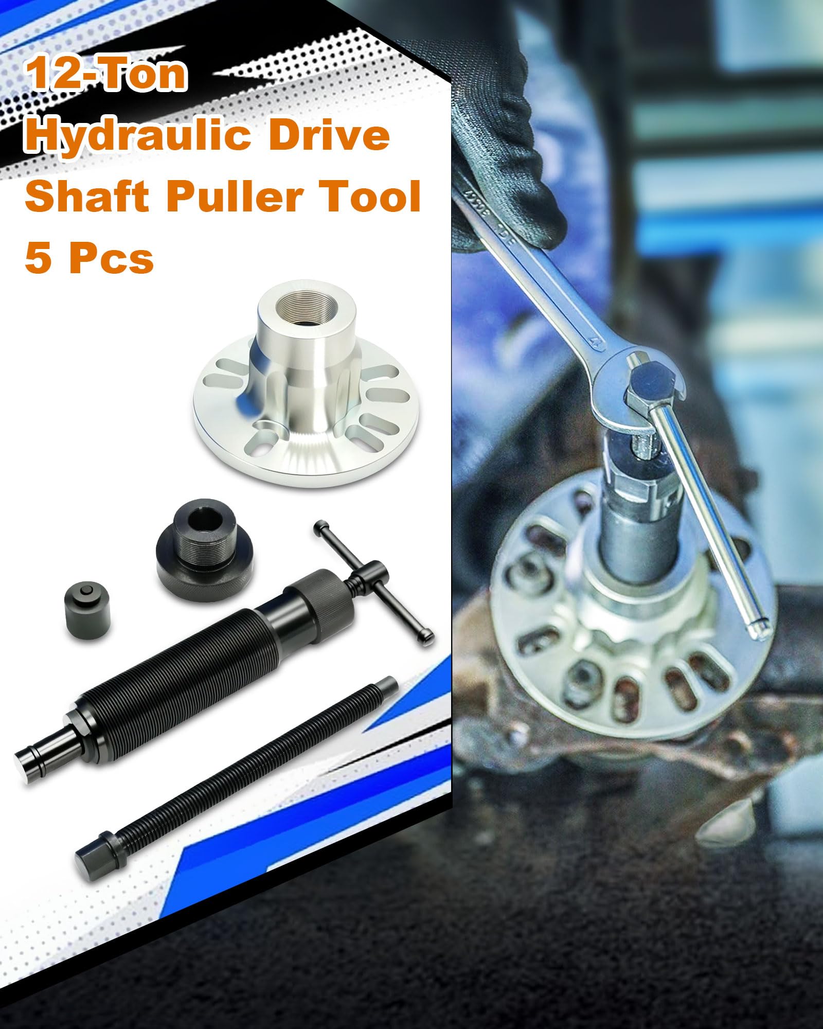 12T Hydraulischer Radnaben Abzieher Profi-Set, Universell für 4/5-Loch Felgen (96-125mm), Antriebswellen Ausdrücker mit manueller Hydraulikpumpe