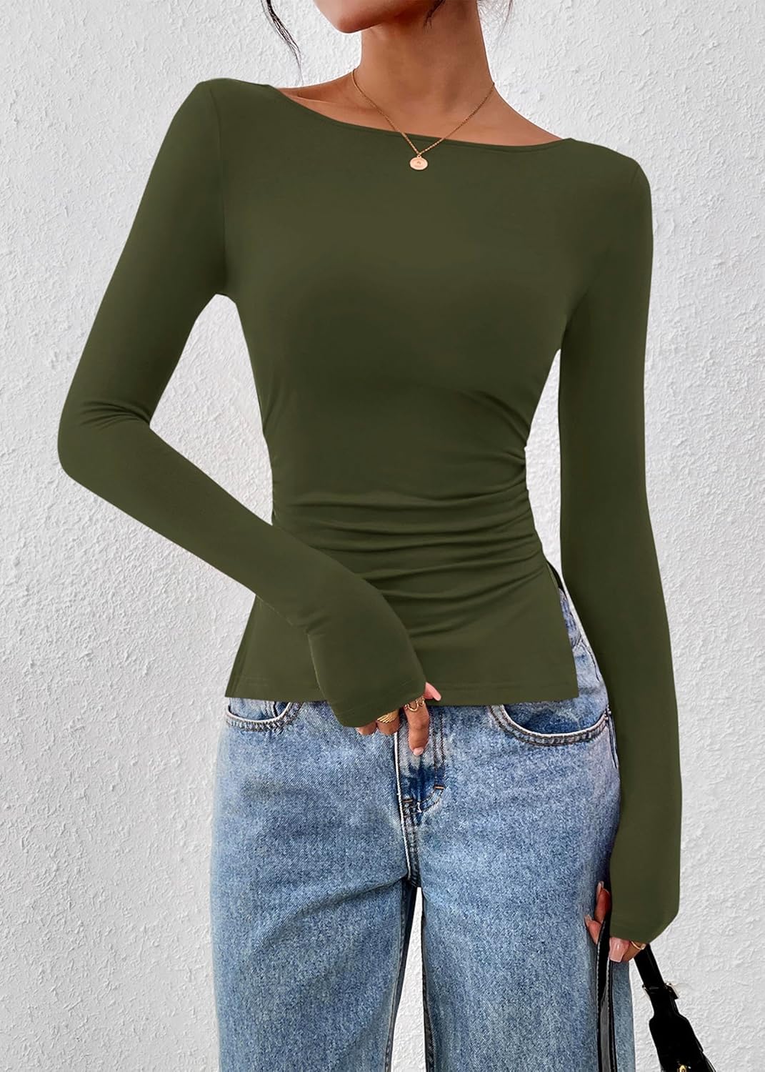 KIRUNDO Long Sleeve Shirts for Women 2026 Fall Casual Boat Neck Knit Workout Going Out Tops Fitted Side Slit Basic Tees - Image 4