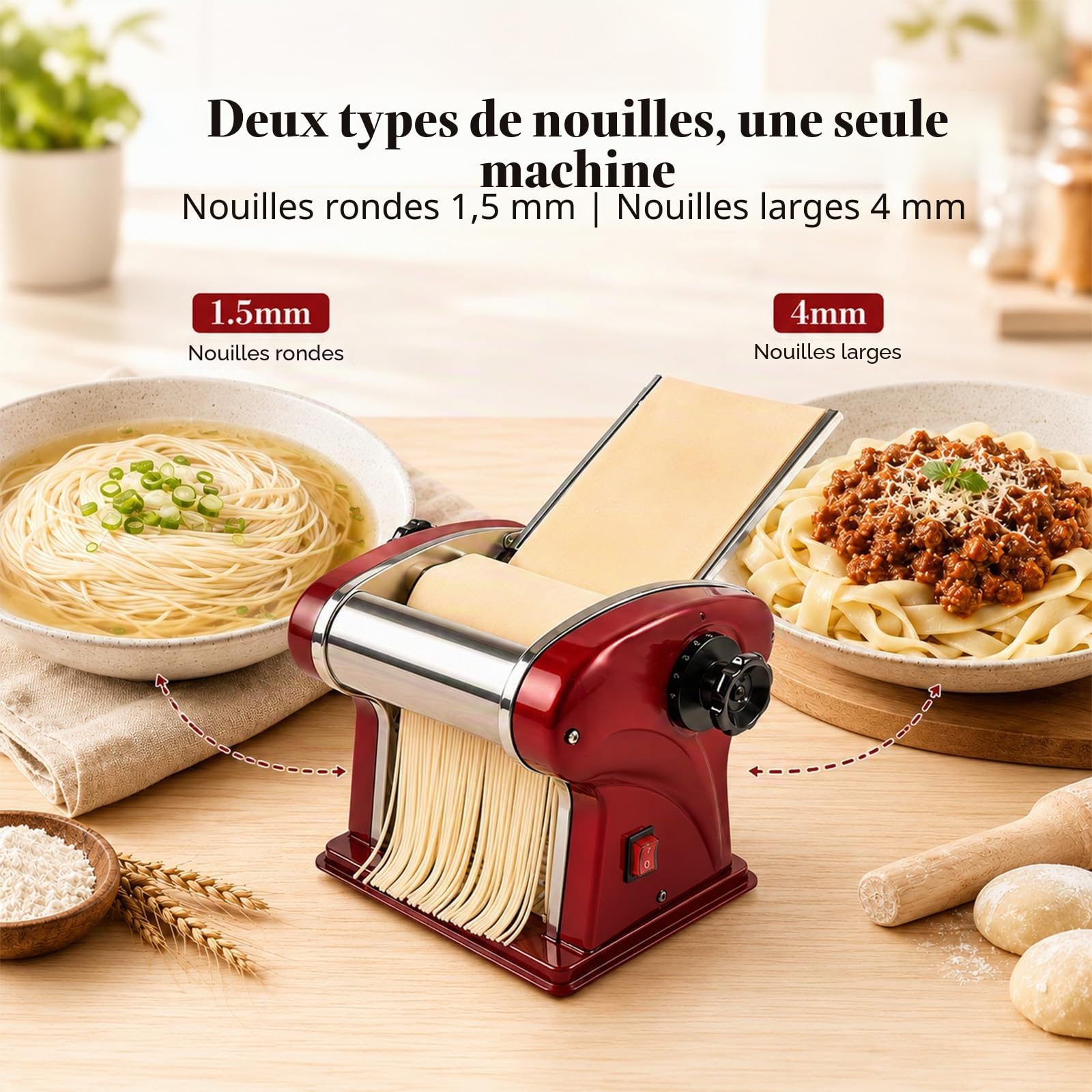Machine à Pâtes Électrique avec Rouleau à Pâtes et Double Lame en Acier Inoxydable, Fabrication de Nouilles Fraîches à la Maison, 1.5mm (Rond) & 4mm (Plat), Pour Usage Domestique et Commercial